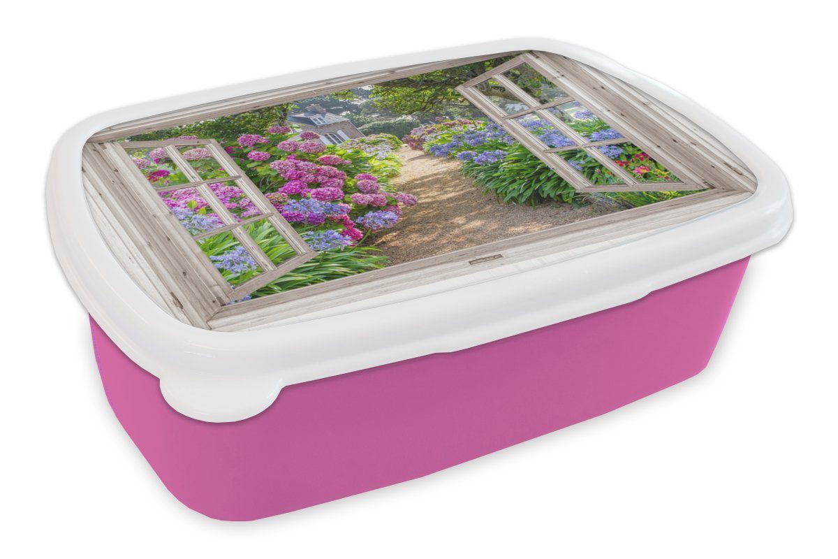 für Weg, Hortensie (2-tlg), Erwachsene, Kinder, - - Brotbox rosa - Kunststoff, Blumen Lunchbox Durchsichtig Kunststoff MuchoWow Sommer Mädchen, - - Brotdose Lila Snackbox,