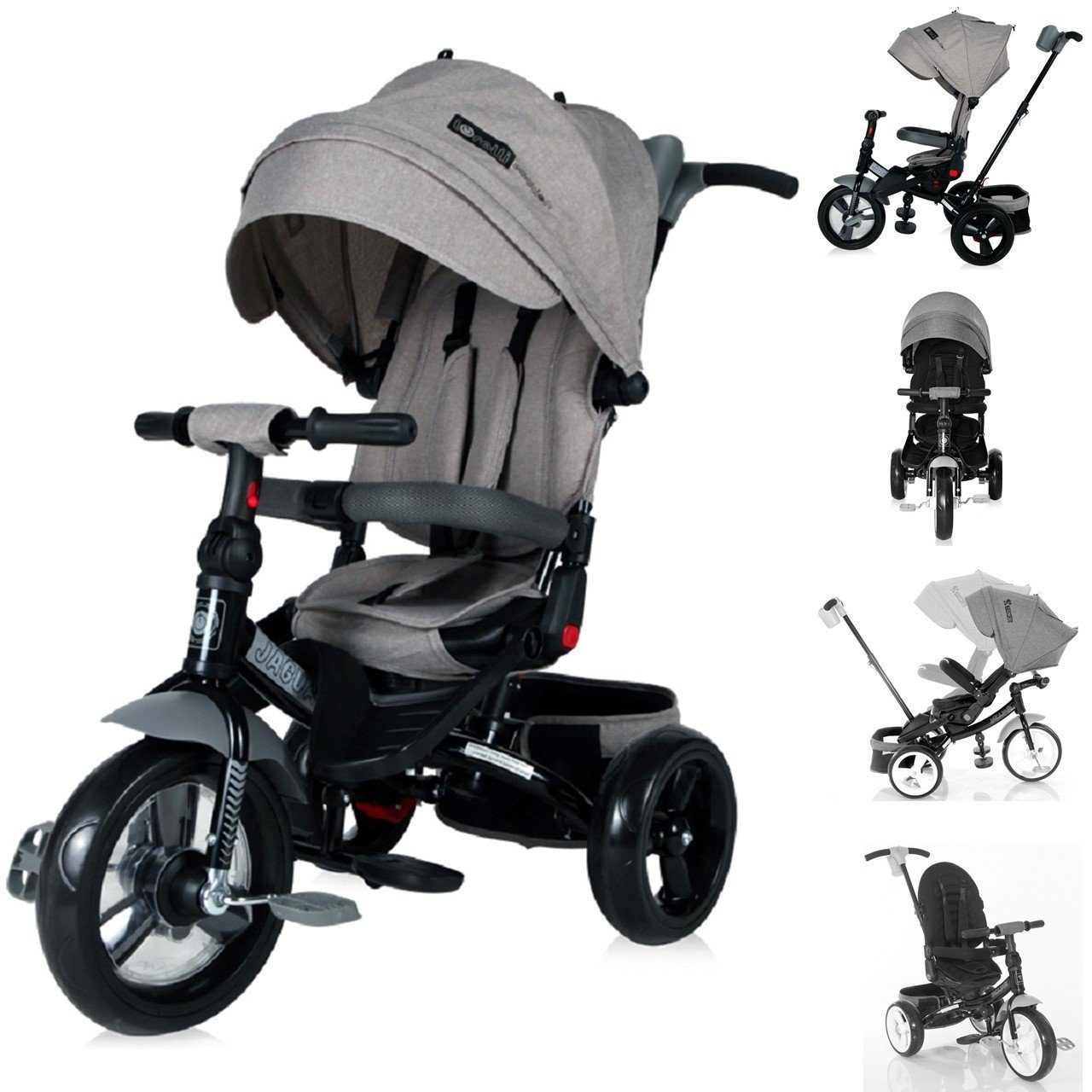 Lorelli Dreirad Tricycle Jaguar 4 in 1, Schiebestange Sitz drehbar, verstellbar, Faltdach