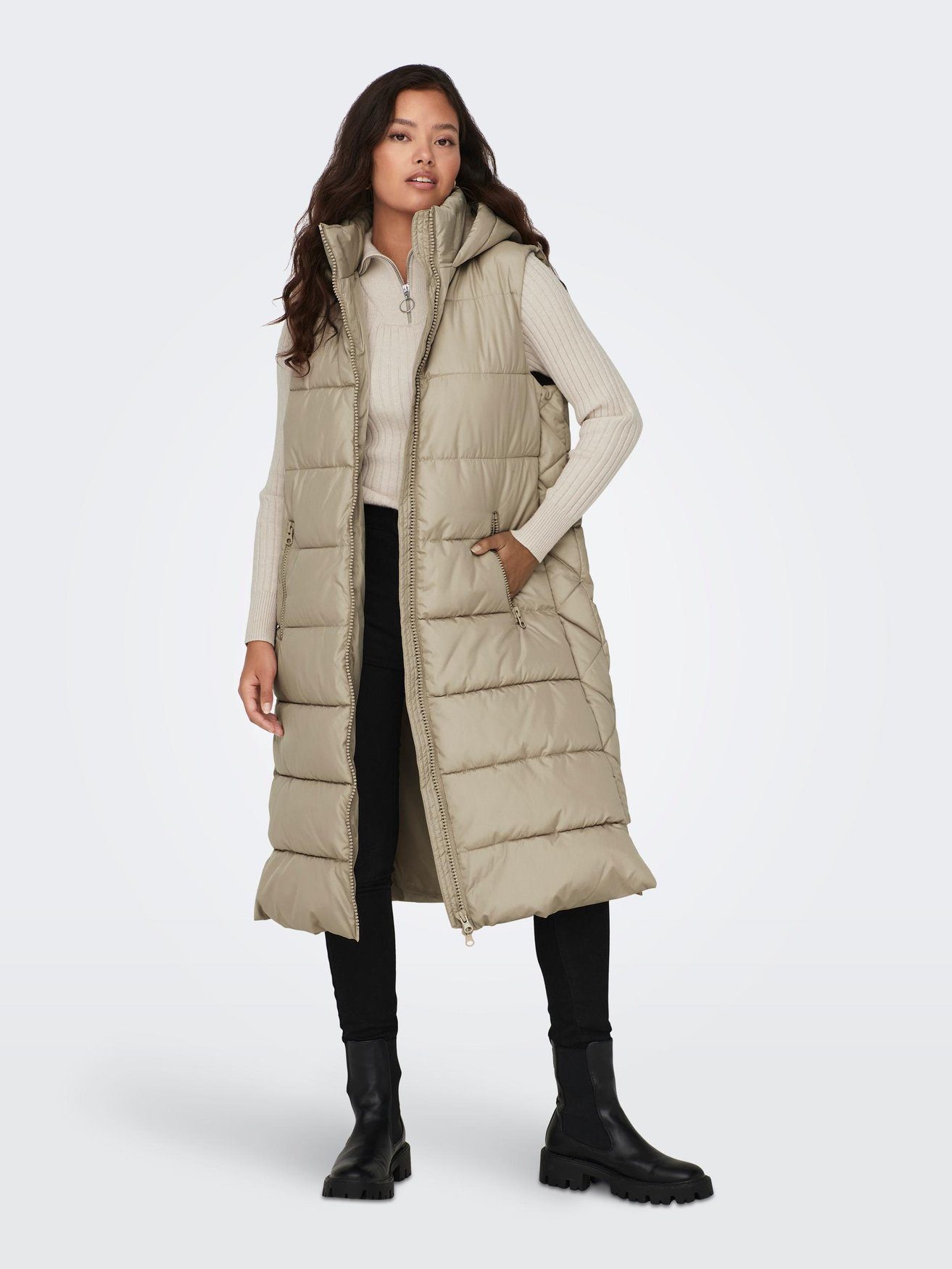 JACQUELINE de YONG Steppweste Lange Puffer Steppweste mit Kapuze JDYVISKAS  6401 in Beige