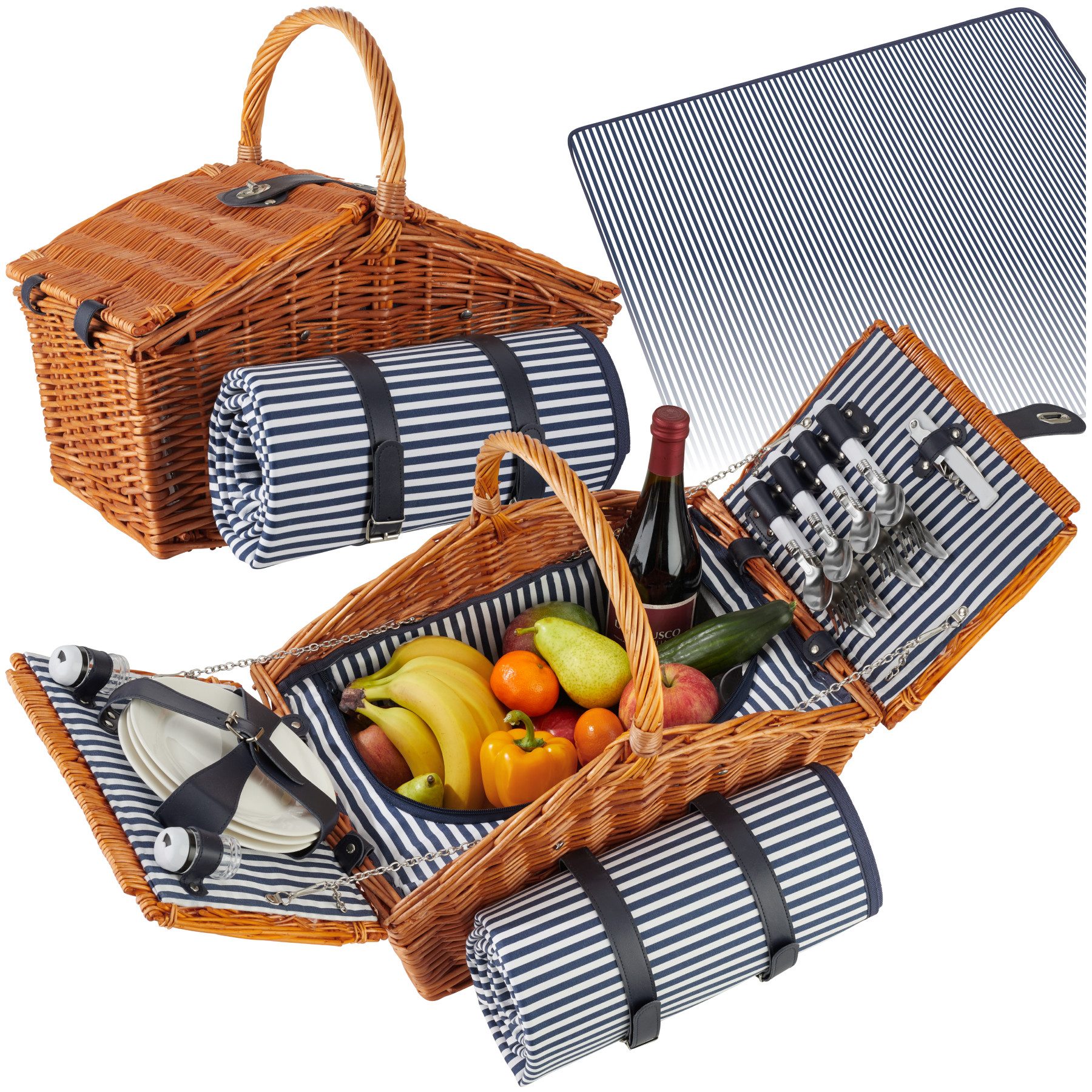 tectake Picknickkorb Weiden-Picknickbox für 4, 46 x 30 x 43,5 cm, Kühlfach und Decke (Picknickkoffer Usedom, in braun), 20-tlg. Geschirr, Kellnermesser, Streuer, Drehverschluss, Tragegriff