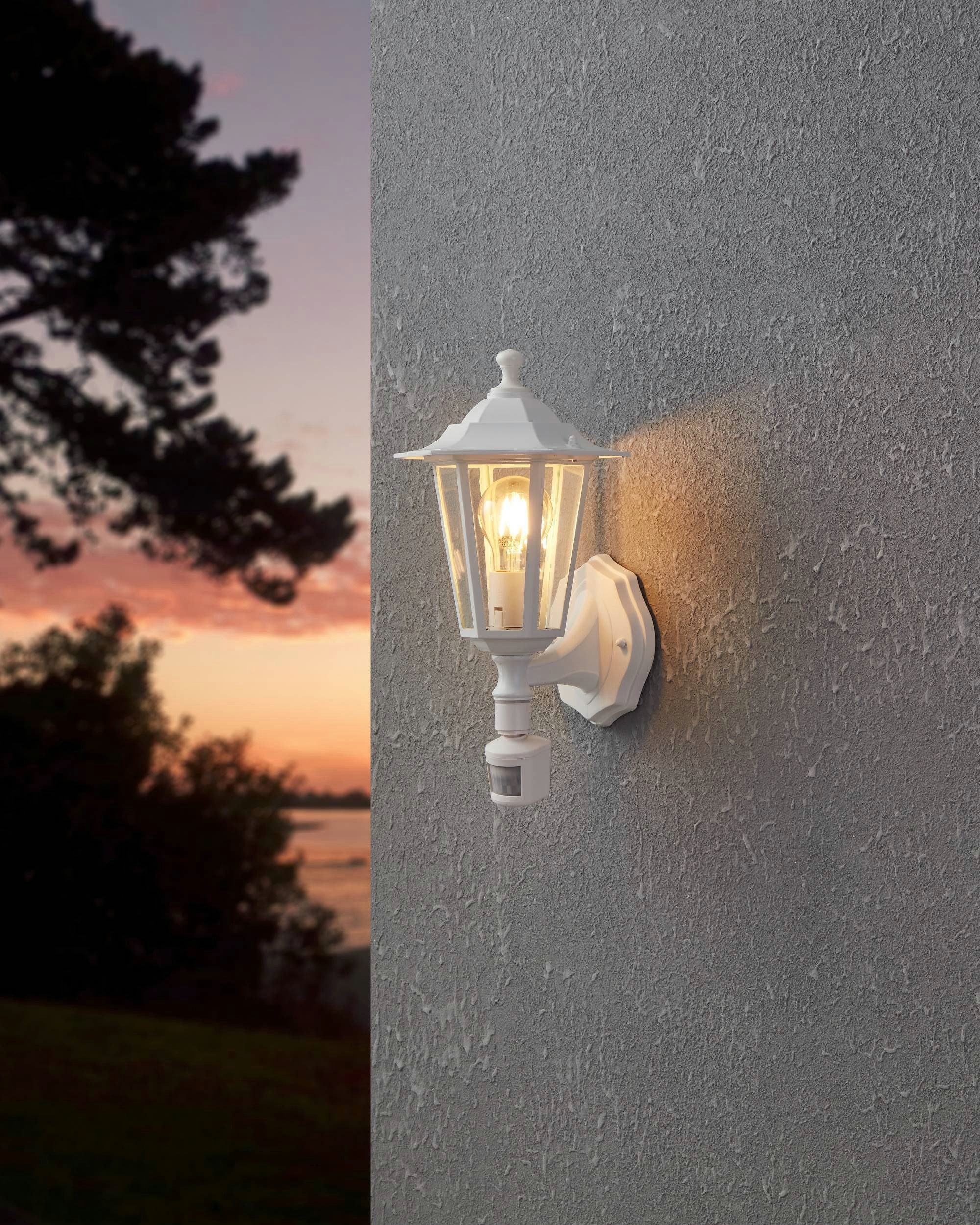 EGLO Wandleuchte Laterna 5 Außen-Wandlampe, Außenleuchte, Aluguss und Glas, E27, IP44, Bewegungsmelder, Sensorschalter, ohne Leuchtmittel, Wand-/Deckenleuchte - L16,5 x H36 x AL21,5 cm - weiß - 1X60W exkl.