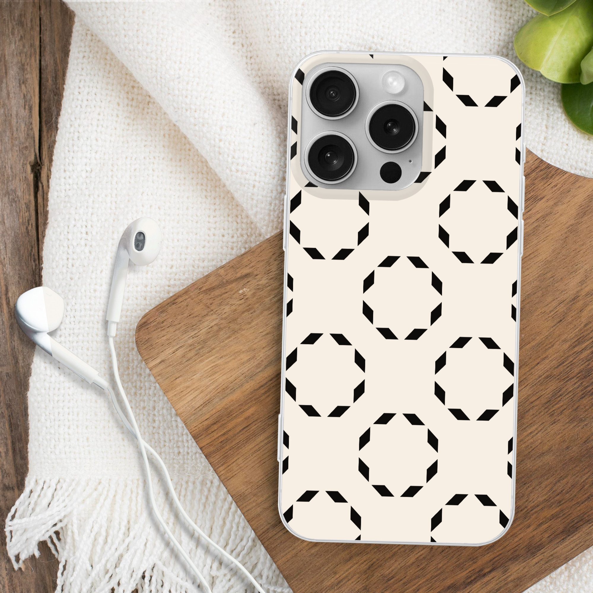 MuchoWow Handyhülle für Apple iPhone 16 Pro Kreise - Muster - Schwarz - Beige - Abstrakt, Smartphone-Bumper, Print, Handy Schutzhülle Dünn