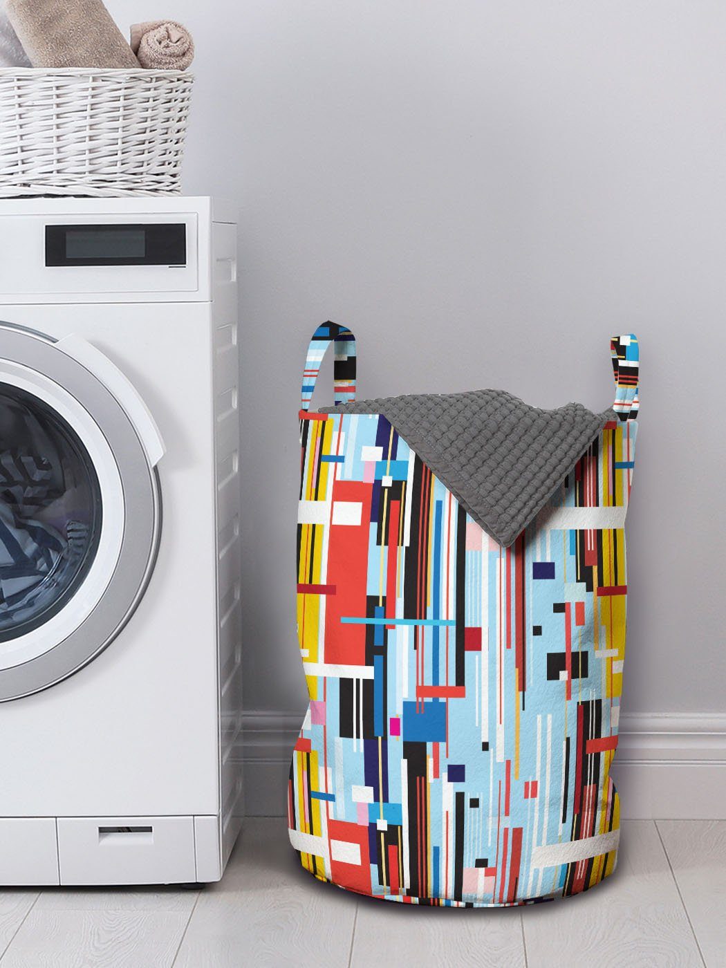 Wäschekorb Bunte für Wäschesäckchen Kordelzugverschluss Waschsalons, mit Griffen Abakuhaus Modern Digital-Streifen