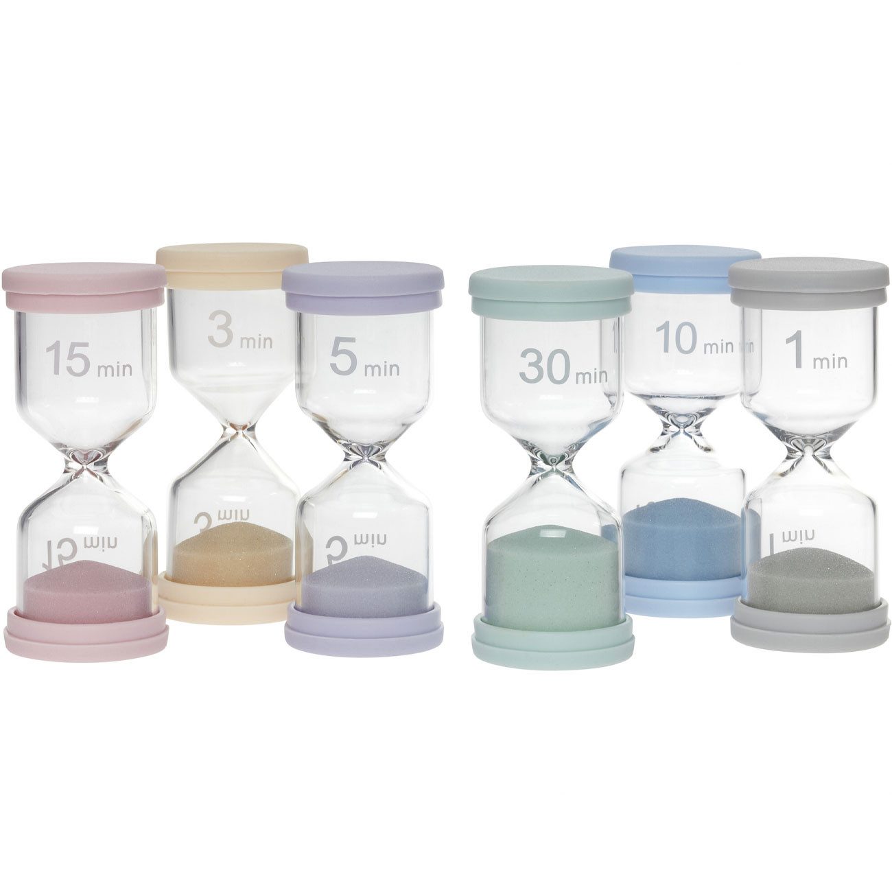 TFA Dostmann Sanduhr Buntes Sanduhren-Set 6-teilig 1 bis 30 Min. Silikon-Schutz Mehrfarbig 6-tlg. Sanduhren-Set 1–30 Min. Silikon-Schutzkappen & feinem Glassand