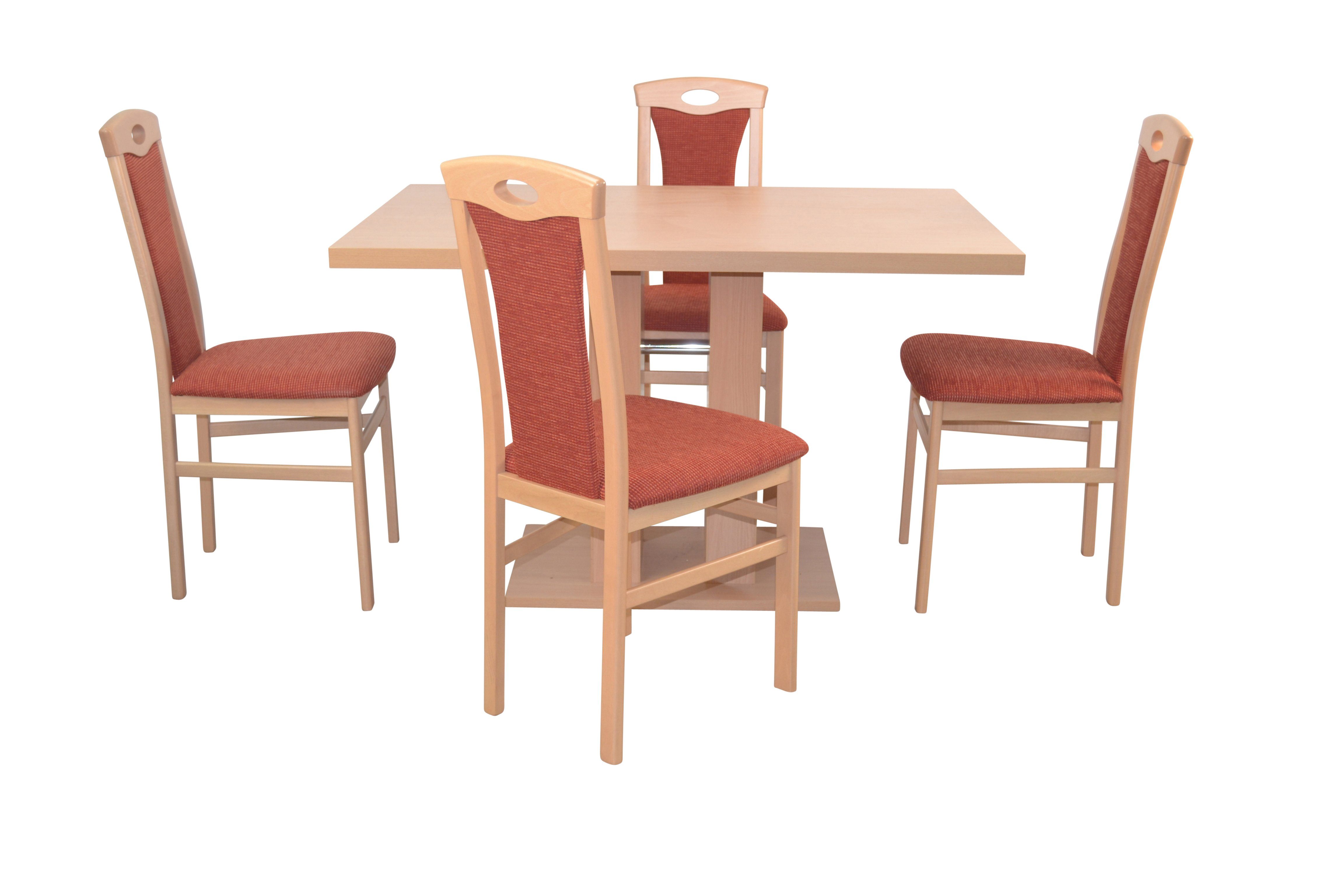 1 aus moebel-direkt-online Essgruppe Esstisch, Buche-Nachbildung/terra und 5teilige bestehend Set) Stühlen Tischgruppe, 5teiliges (Spar-Set, 4