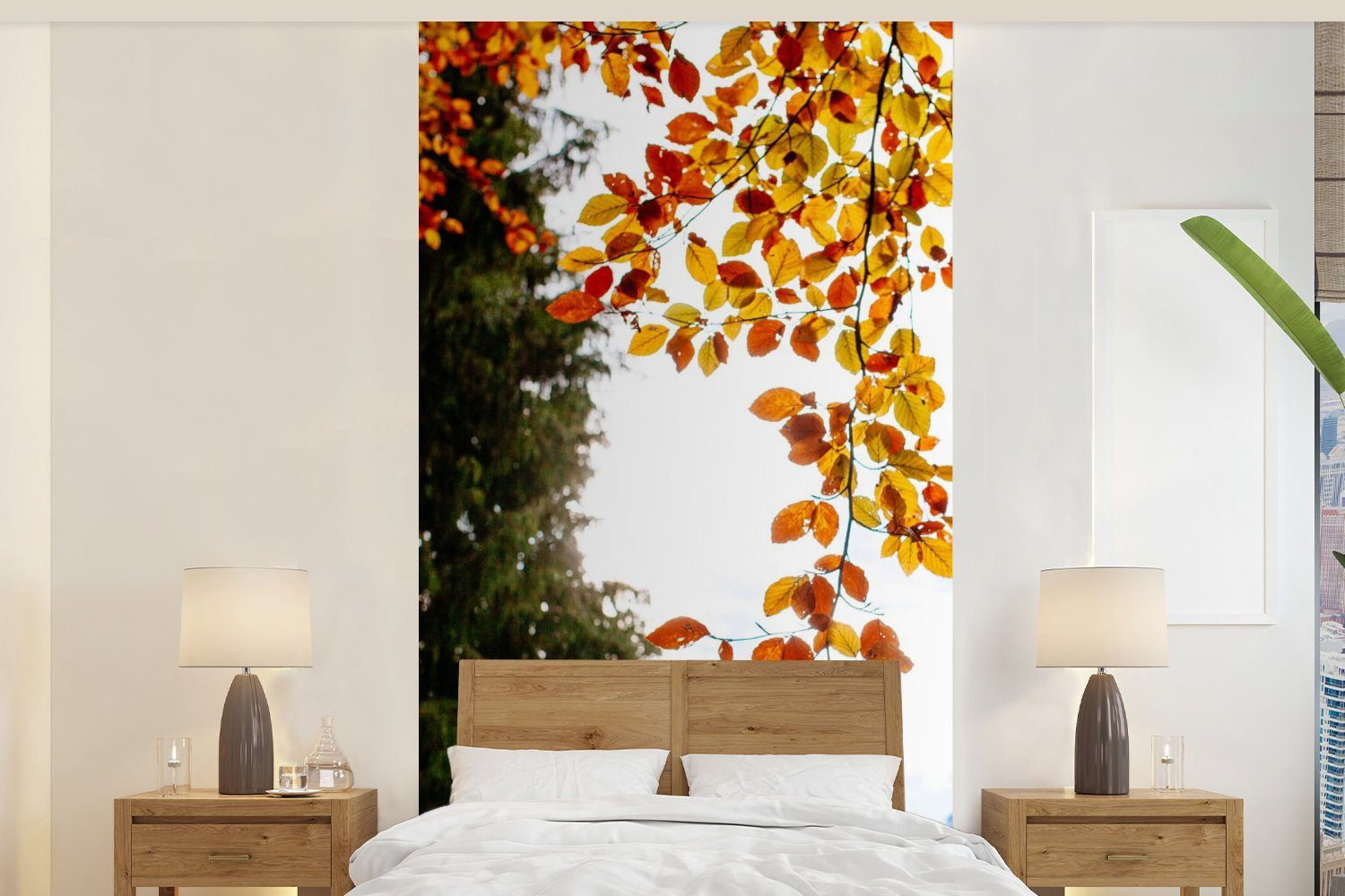 MuchoWow Fototapete Herbst - Laub - Natur, Matt, bedruckt, (2 St), Vliestapete für Wohnzimmer Schlafzimmer Küche, Fototapete