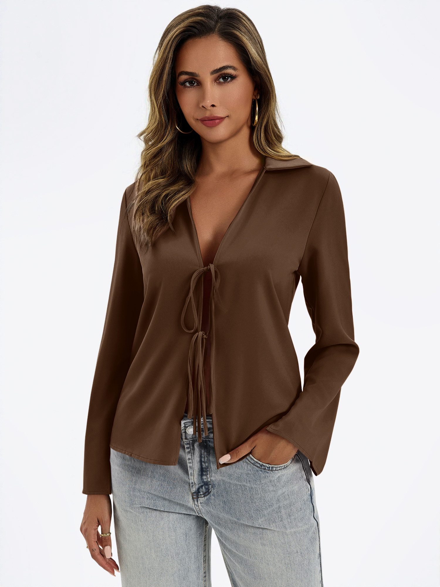 Imily Bela Blusentop Damen Sexy Hemd mit Bindeband vorne (Packung, 1-tlg., 1per-Pack) Volltonfarbe