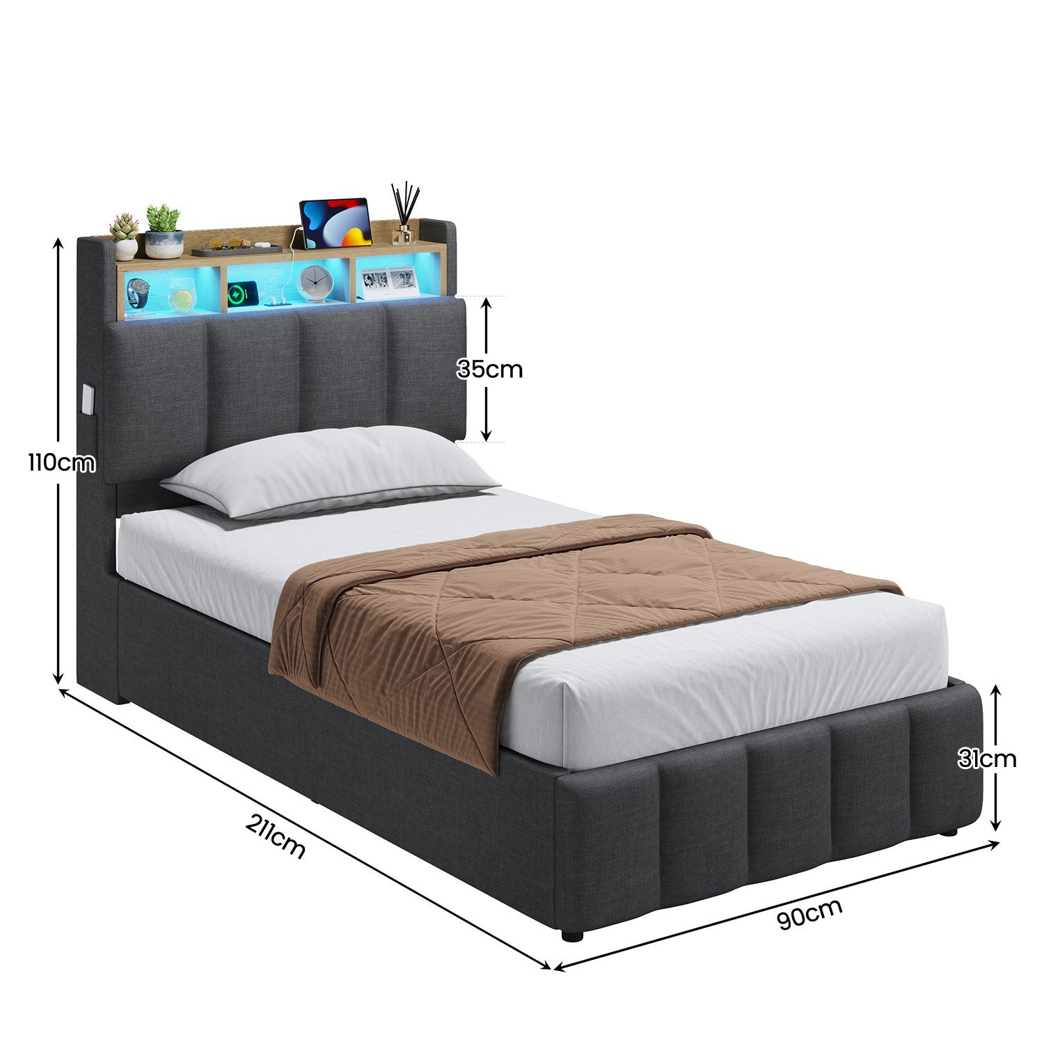KIMENICH Polsterbett mit LED Beleuchtung und Ladefunktion (1-tlg., Ohne Matratze), Jugendbett Hydraulisches Stauraumbett, 90x200 cm