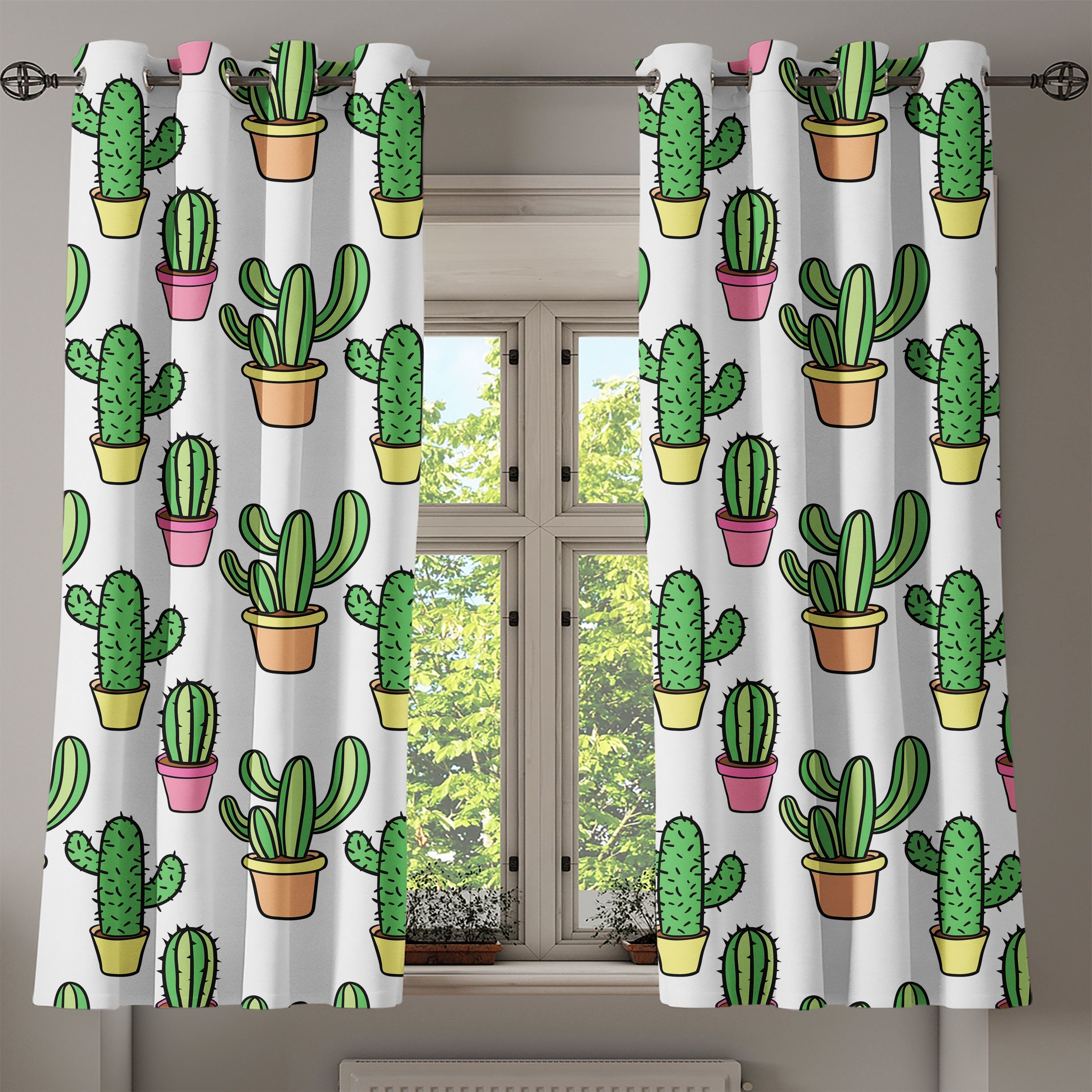 Kaktus Cartoon für Blumen Abakuhaus, Dekorative Wohnzimmer, 2-Panel-Fenstervorhänge Gardine Schlafzimmer