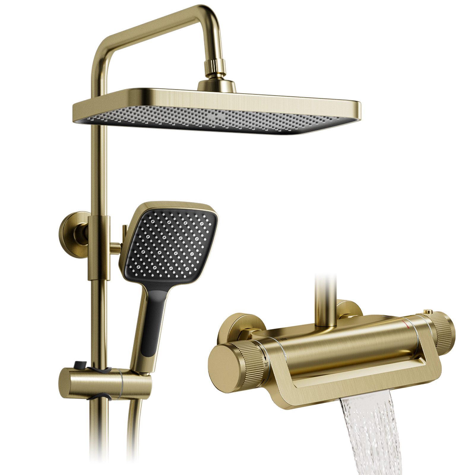 Oihpaw Duschsystem Premium Duschsäulen-Set 3in1, 330x220mm Regendusche mit Thermostat, Höhe 118 cm, 3 Strahlart(en), 360° verstellbar & 3-Strahl-Handbrause mit Anti-Kalk-Düsen