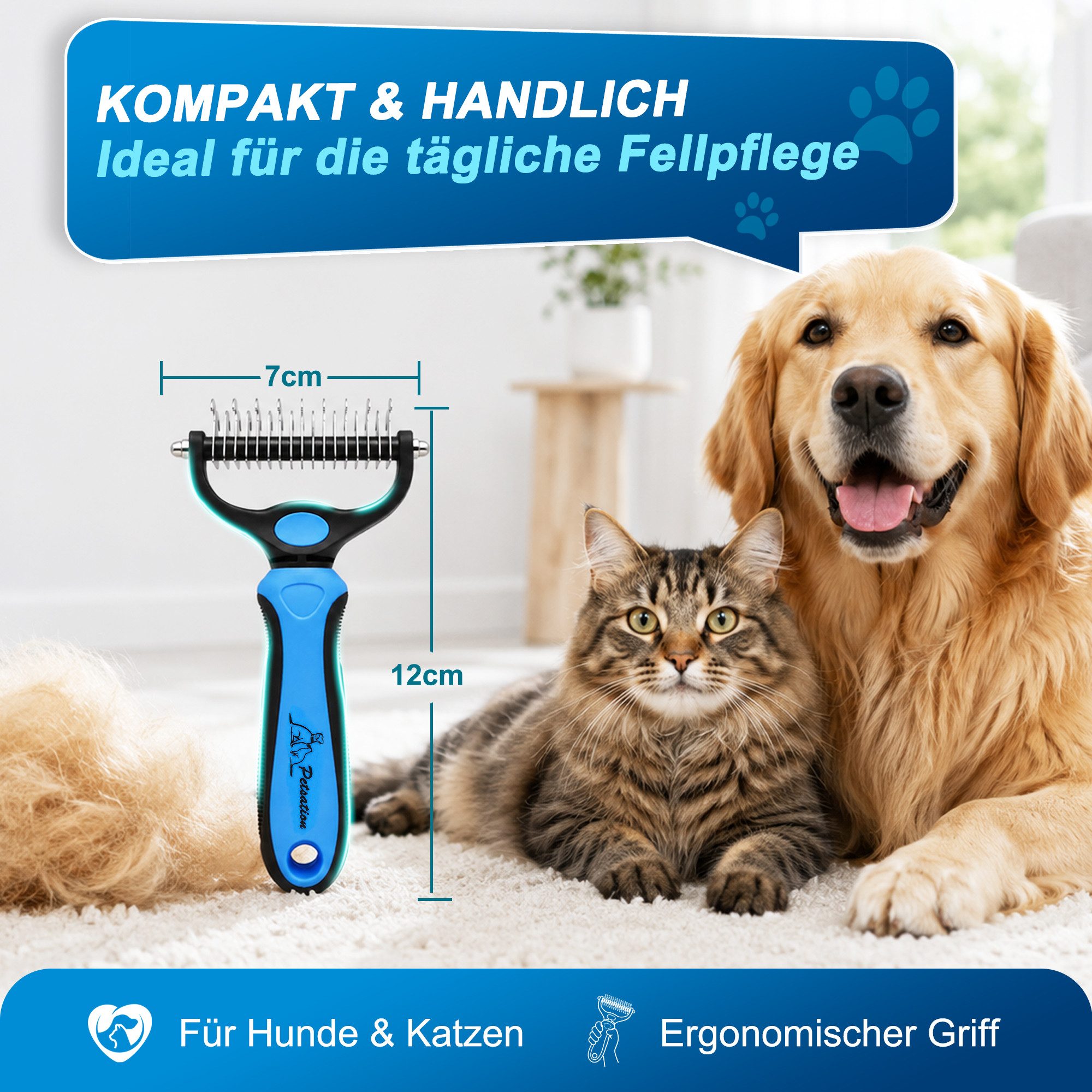 Petsation Fellbürste Unterwollbürste für Hunde & Katzen Fellpflegebürste, Entfilzungsbürste, Edelstahl, Abgerundete Edelstahlzinken, Anti-Rutsch-Griff, Massageeffekt