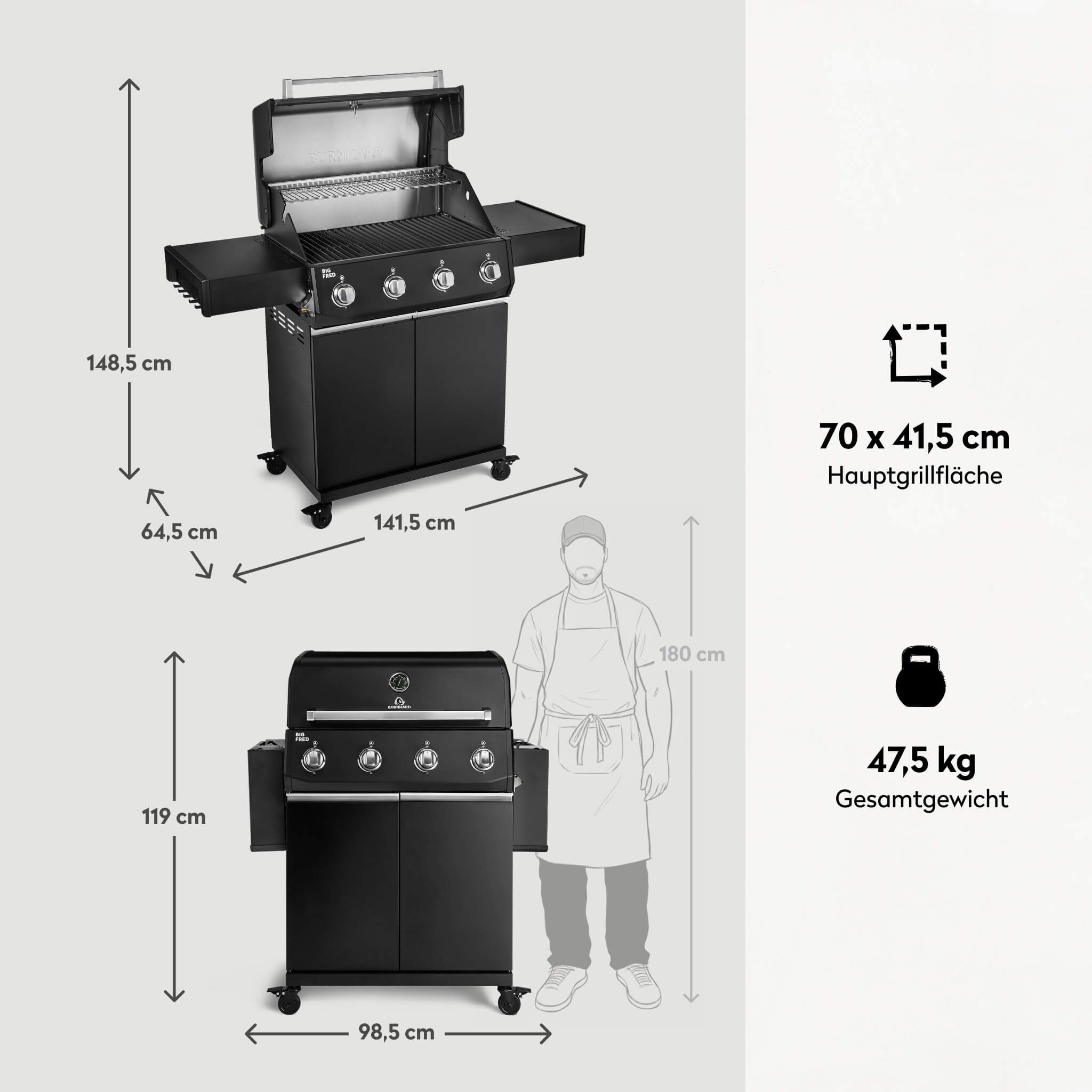 BURNHARD® Gasgrill 4-Brenner, 15 kW, 4 Edelstahlbrenner, Piezo-Zündung, große Grillfläche 70x41,5 cm, Gussrost, für bis zu 15 Personen, Outdoor BBQ – Big FRED Base