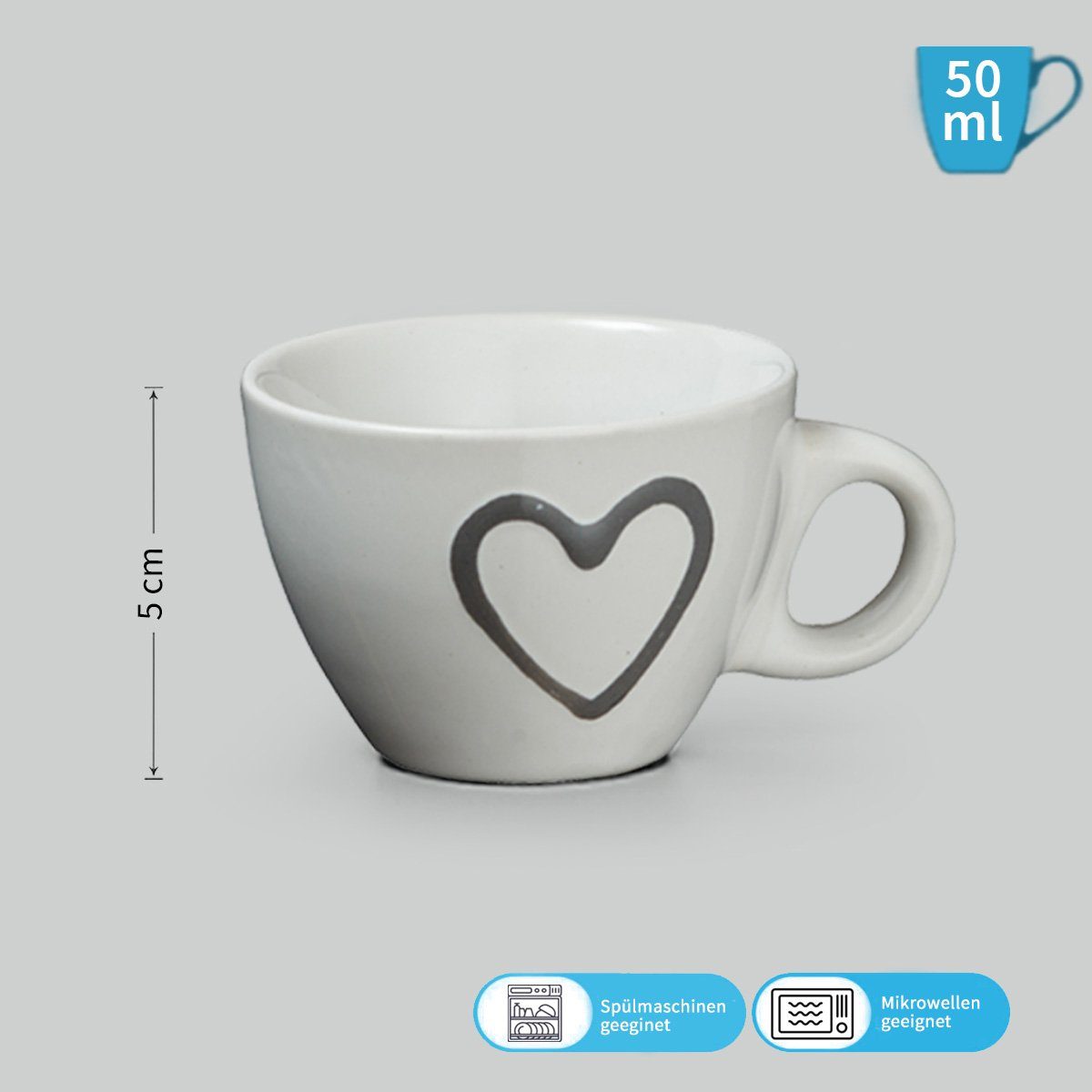 matches21 HOME & HOBBY Tasse Moderne Keramik Espresso-Tassen 4er Set beige weiß rot grau 50 ml, 4-tlg., Keramik, Kleine Landhaus-Stil Vintage Henkel Herz Kaffee-Tassen mit Untertassen