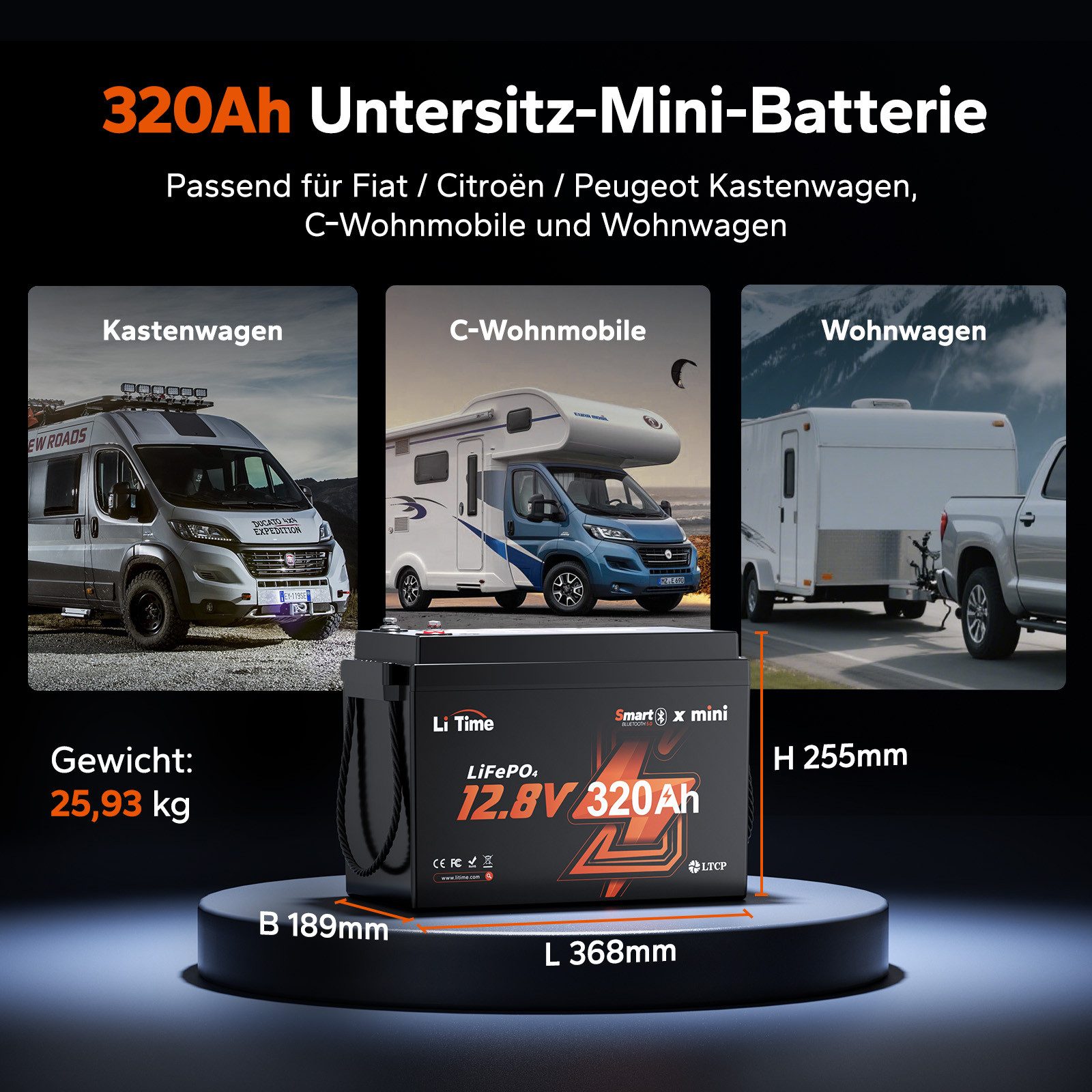 LiTime 12V 320Ah LiFePO4 Batterie W190 mit Bluetooth 4096Wh Solarakkus (12 V), Wiederaufladbar, PV Stromspeicher für Wohnmobile, Inselanlage, Boote