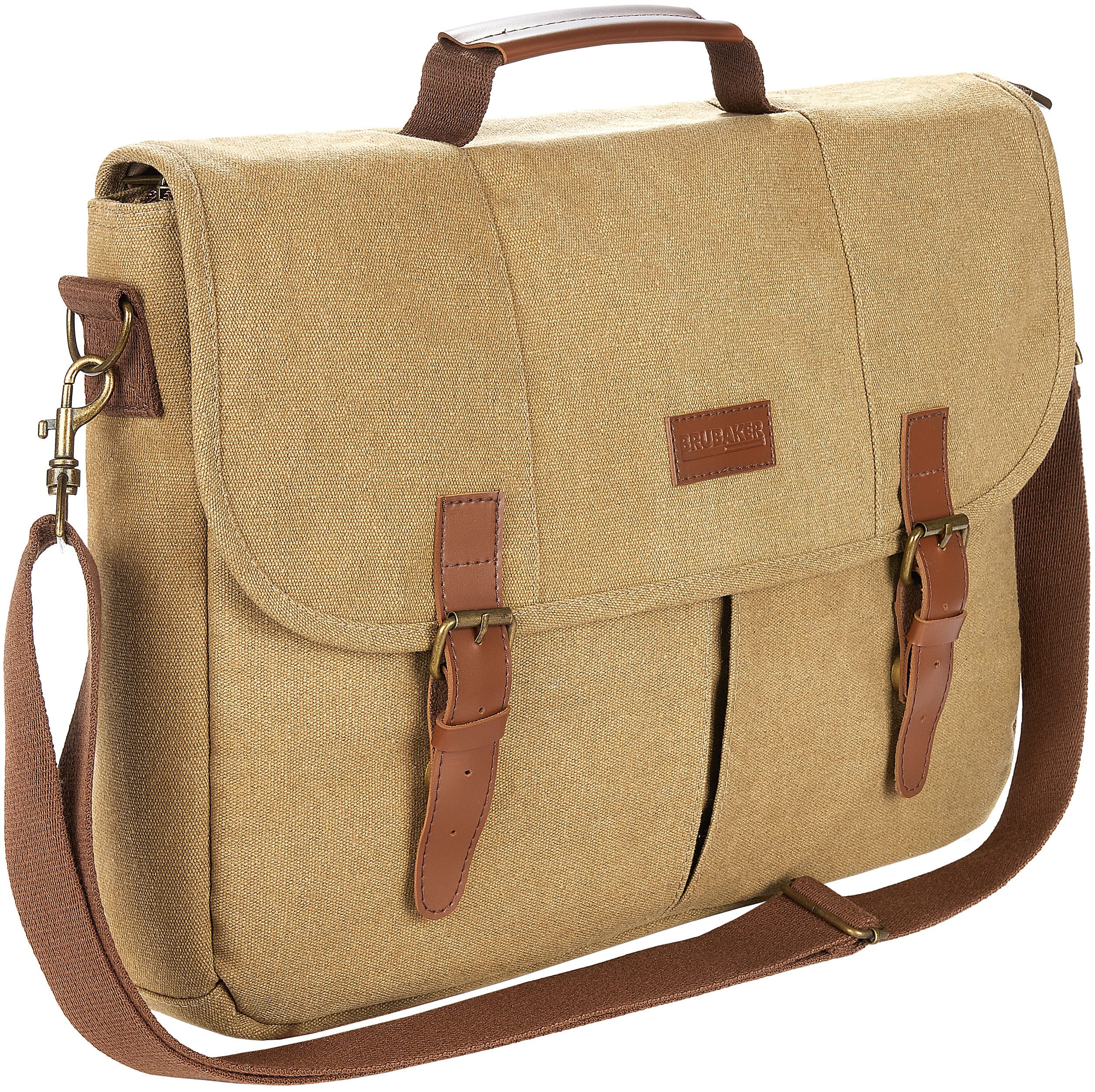 BRUBAKER Laptoptasche "Safari" - Vintage Umhängetasche aus Poly Canvas (Retro Arbeitstasche für Laptop - Messenger Bag, 1-tlg., Braun), Aktentasche für Herren und Damen mit Magnetverschluss