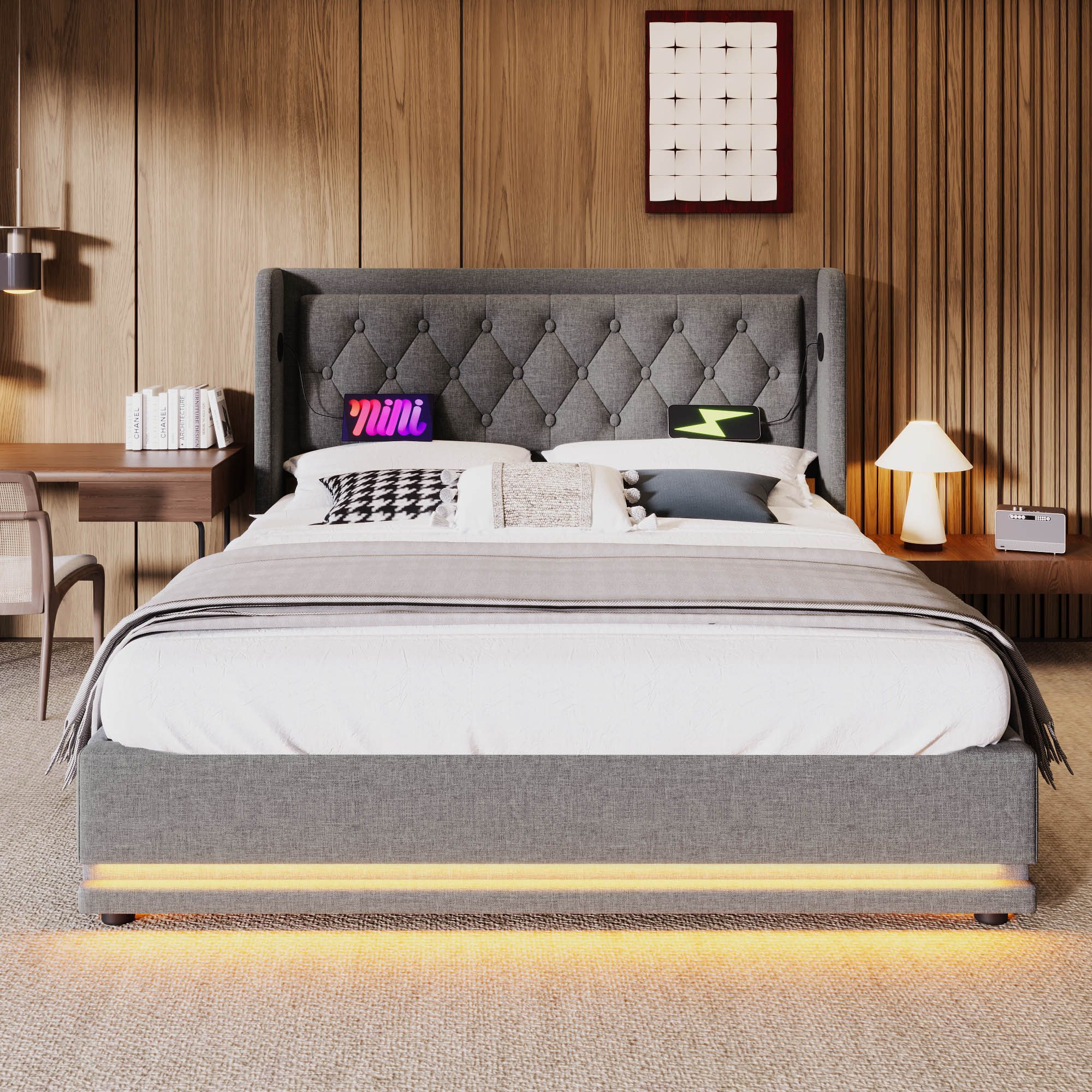 FLIEKS Polsterbett LED Hydraulisches Stauraumbett - Einrichtungsbeispiel