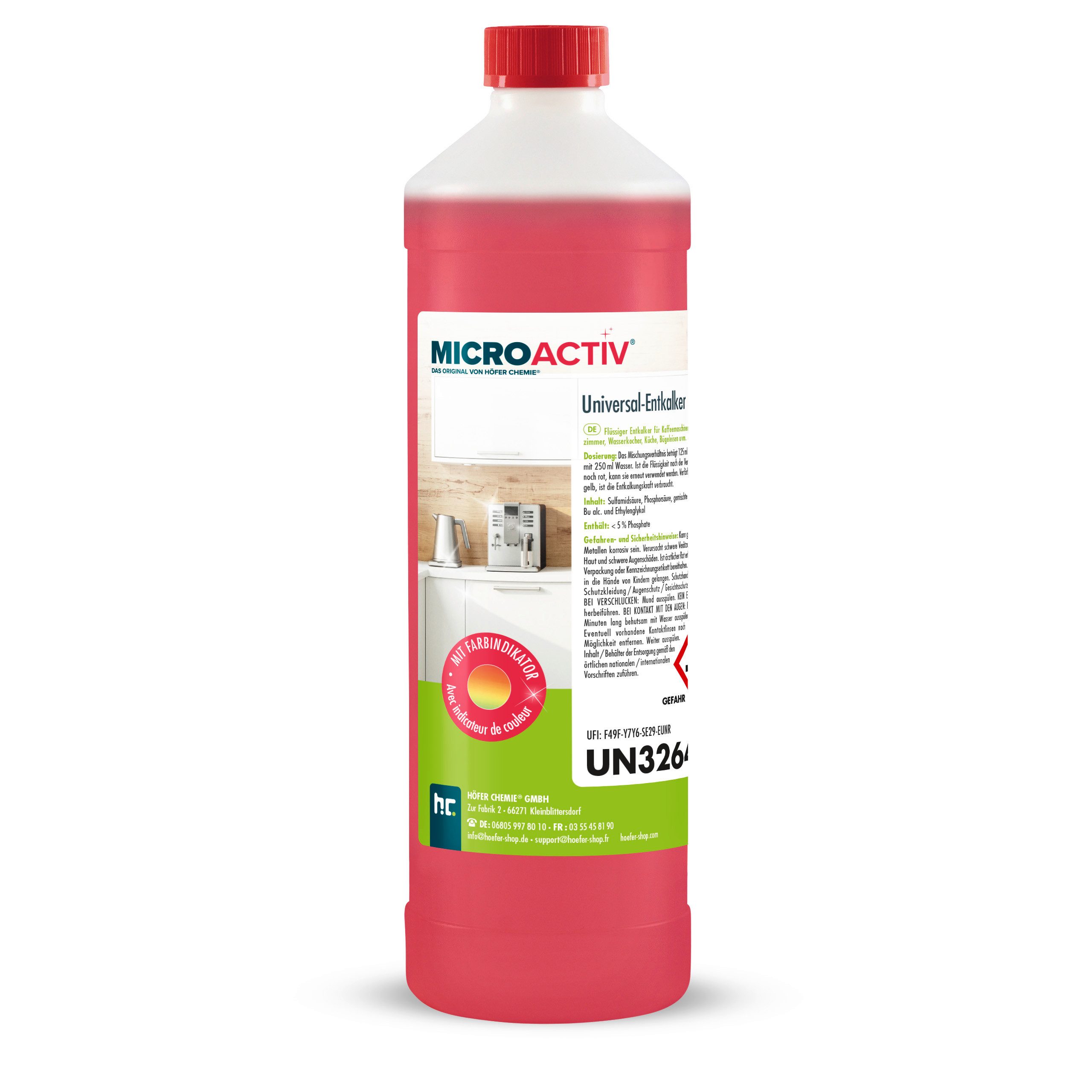 Höfer Chemie GmbH 1 L Microactiv® Universal Entkalker mit Farbindikator Grundreiniger (Löst Kalk, Farbwechsel zeigt Wirkung an)