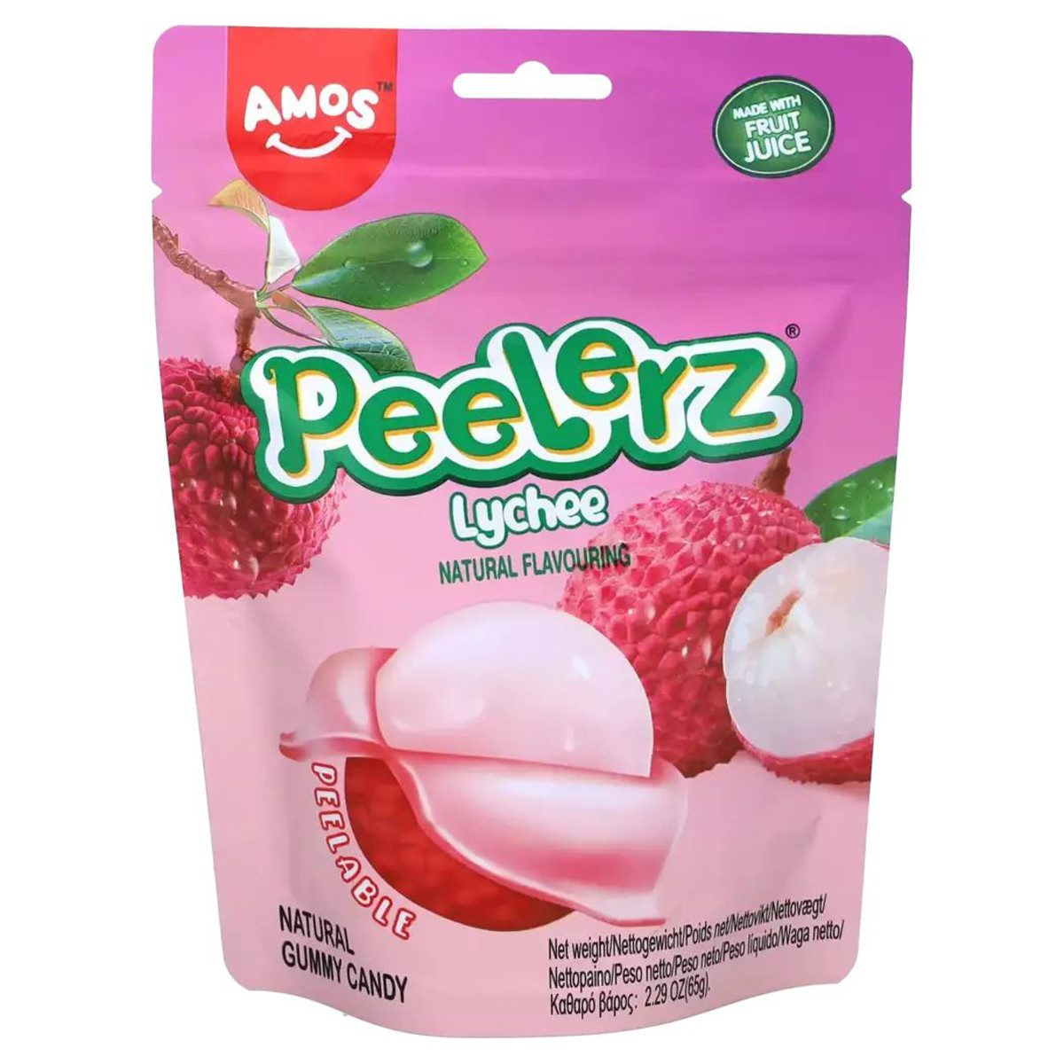 AMOS Süßigkeit, Amos Peelerz Gummies Lychee mit einer fruchtigen Füllung 65g