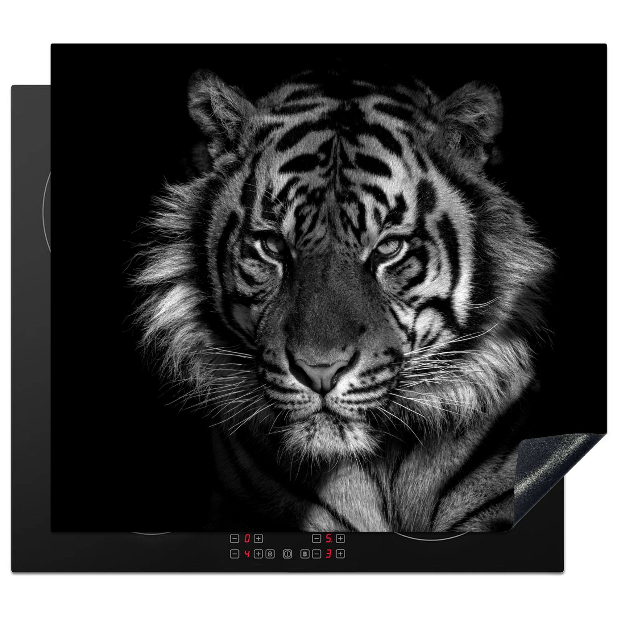 MuchoWow Herdblende-/Abdeckplatte Wütender Tiger auf schwarzem Hintergrund - schwarz und weiß, Vinyl, (1 tlg), 60x52 cm, Mobile Arbeitsfläche nutzbar, Ceranfeldabdeckung