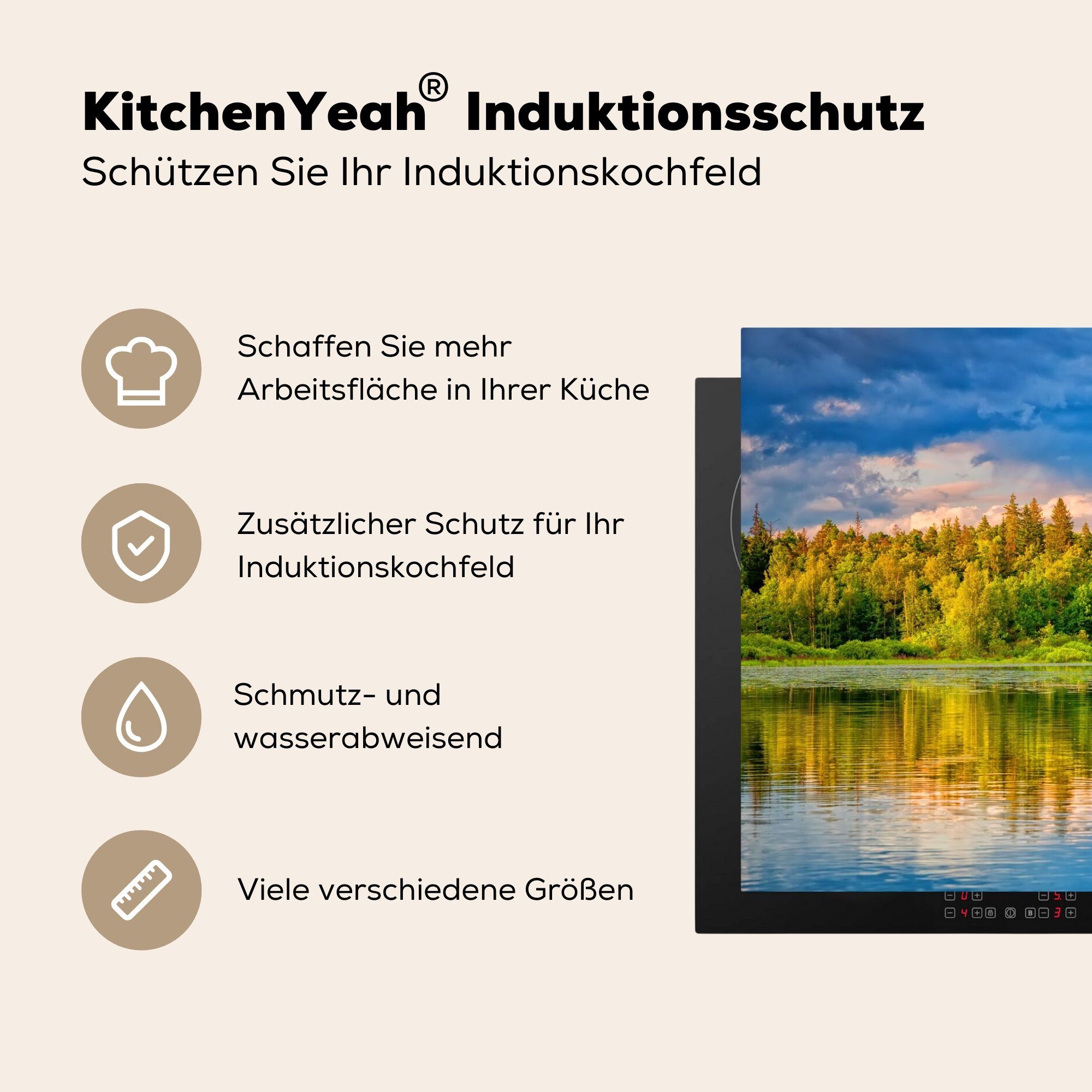 die - tlg), cm, für Wald, Induktionskochfeld - Herdblende-/Abdeckplatte Wasser küche, Vinyl, MuchoWow Schutz 80x52 Natur (1 Ceranfeldabdeckung