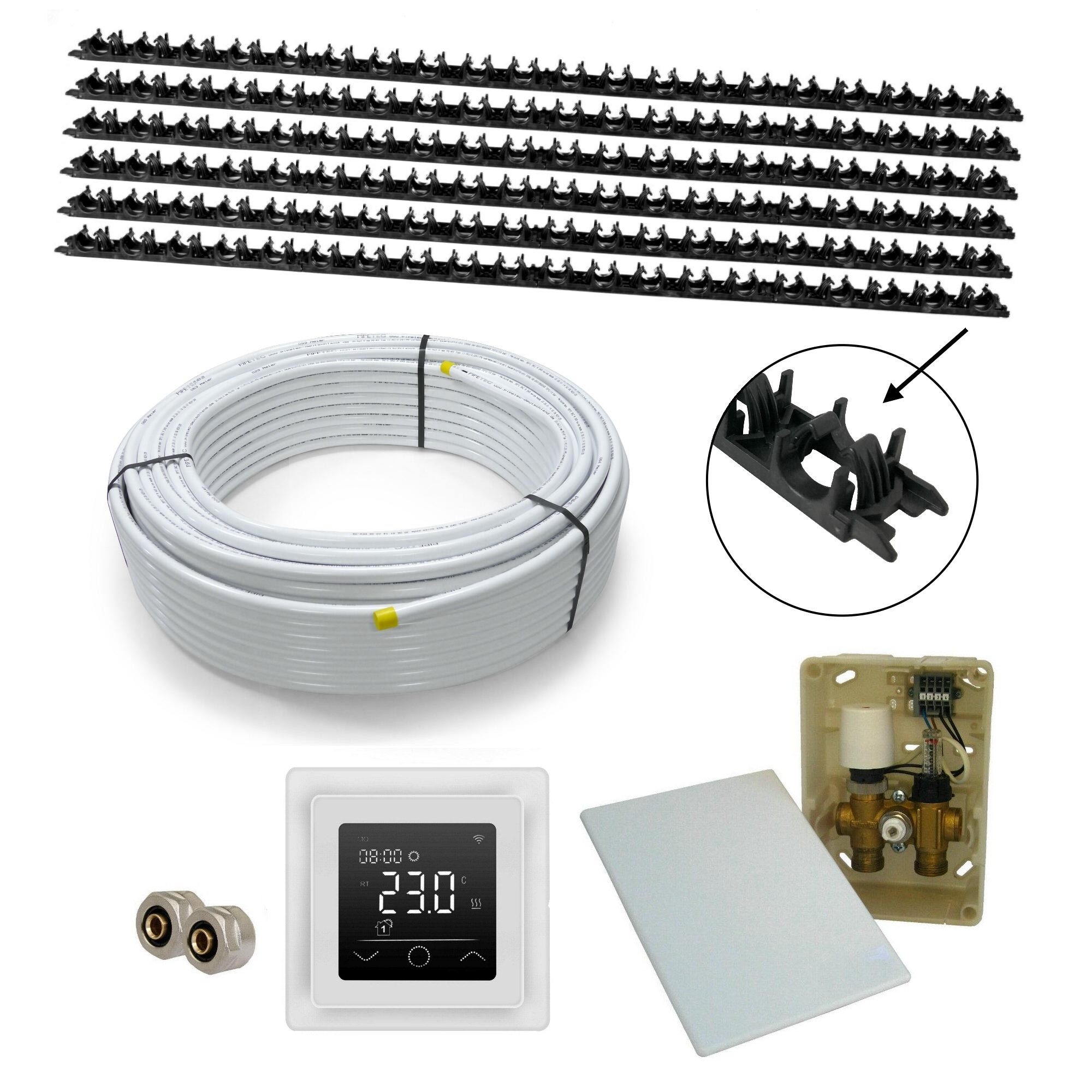 HoWaTech Warmwasserfußbodenheizungen CLAMP Warmwasser Flächenheizung Komplettset E-Regelbox Mobile, (Komplett Set), WLAN-Thermostat mit App-Steuerung