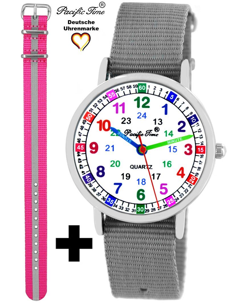 Pacific Time Match - Armbanduhr pink und Lernuhr Set und grau Wechselarmband, Quarzuhr Mix Kinder Design Reflektor Gratis Versand