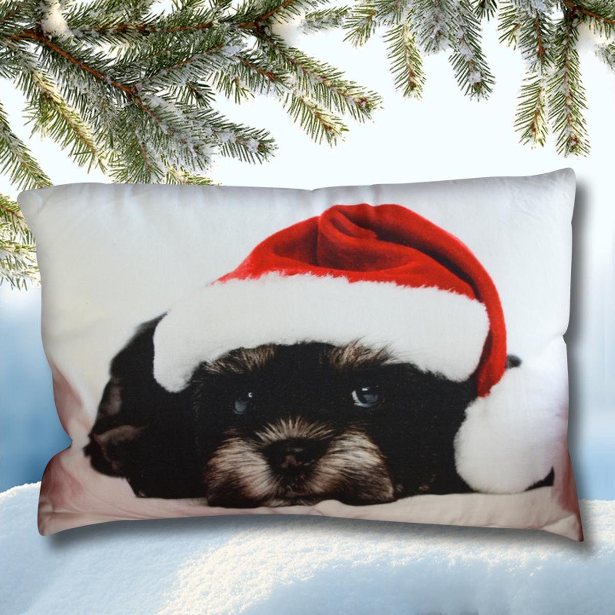 Canvas Hund Bichon-Frisé mit Dekokissen ca. Mars More More & Mars Kissen & Weihnachtsmütze