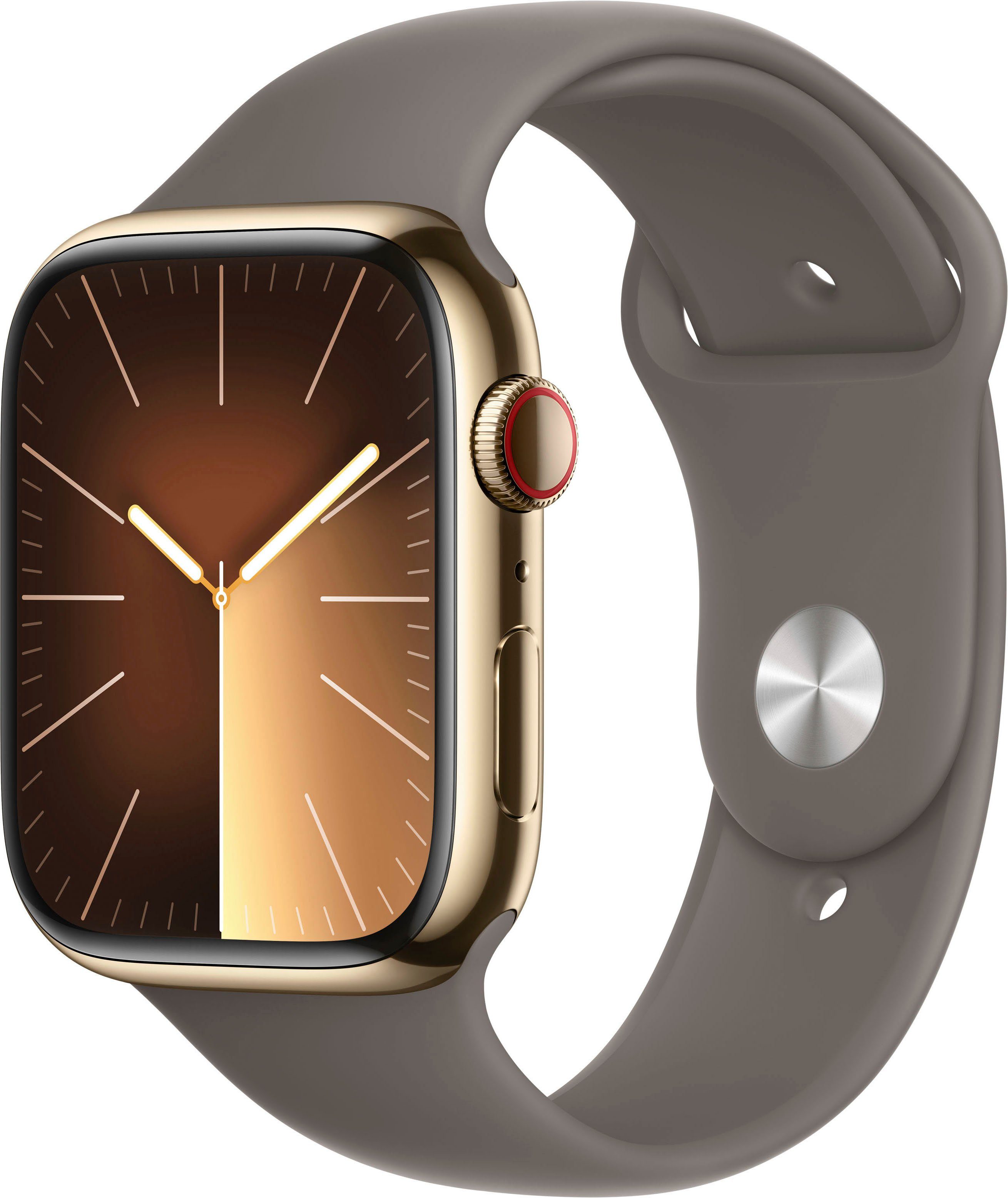 Apple Watch Series 9 GPS + Cellular Stainless Steel 45mm M/L Smartwatch (4,5 cm/1,77 Zoll, Watch OS 10), Sport Band Clay | gold