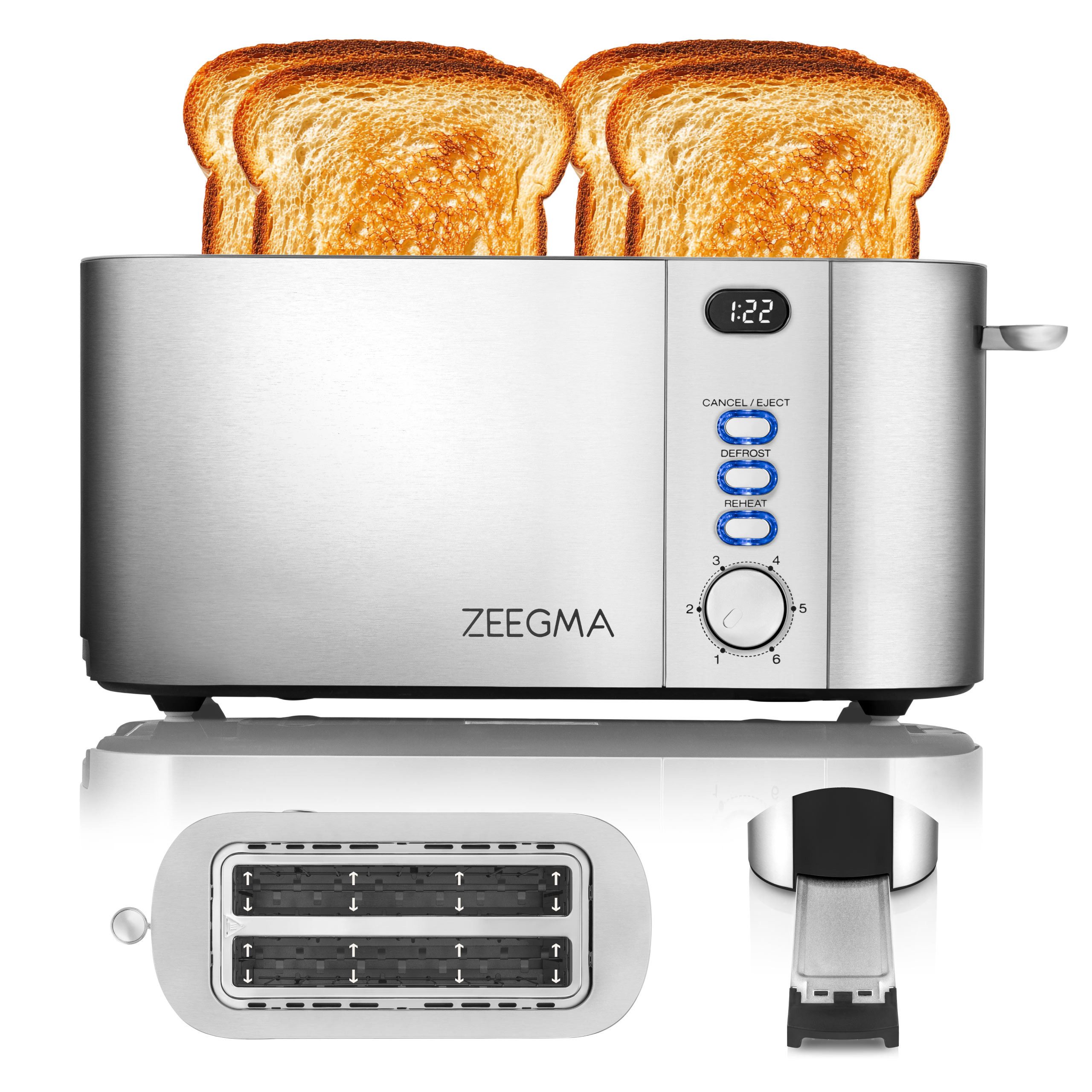 Zeegma Toaster TOSTEE CHEF, 4 kurze Schlitze, für 4 Brotscheiben unterschiedlicher Dicke, 1500 W, 4 Scheiben/LED-Display/1500 W/Breite Schlitze/Timer