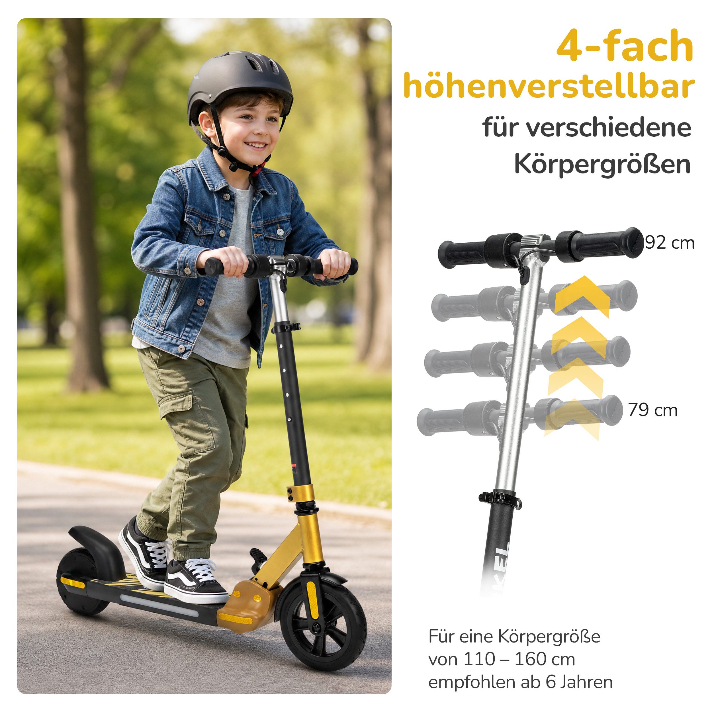 Vankel Elektro-Kinderroller ab 6 Jahren, klappbar, höhenverstellbar, für ca. 110-160cm, Belastbarkeit 50 kg, 14km/h, E Scooter für Kinder, faltbar, nur 6,5kg