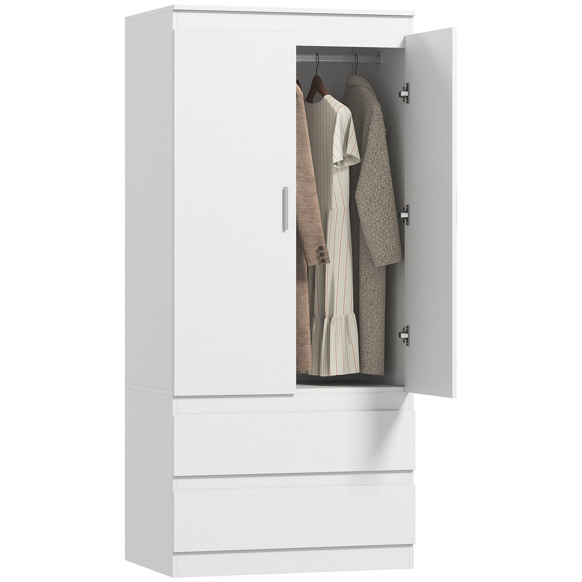 HOMCOM Kleiderschrank 2 Soft-Close-Türen, 2 Schubladen, Kleiderstange und 3 Einlegeböden (Garderobenschrank, 1-St., Schlafzimmerschrank) für Schlafzimmer, Weiß