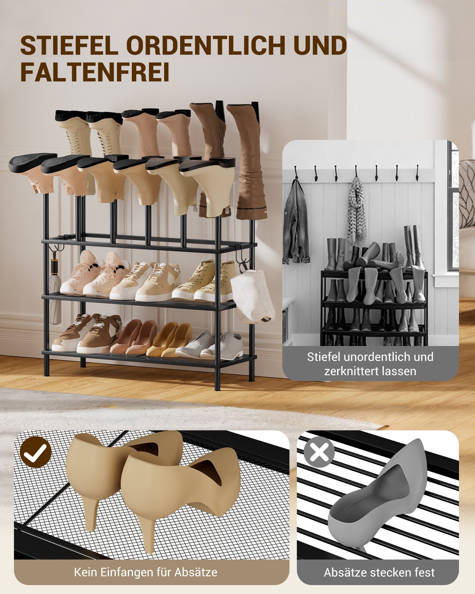 Oak&Tea Schuhregal Schuhablage Metall Schuhständer mit Stiefelhalter 2-in-1 Metall, für 8 Paar Schuhe + 6 Stiefelhalter, flexibel kombinierbar – Bild 4 von 5