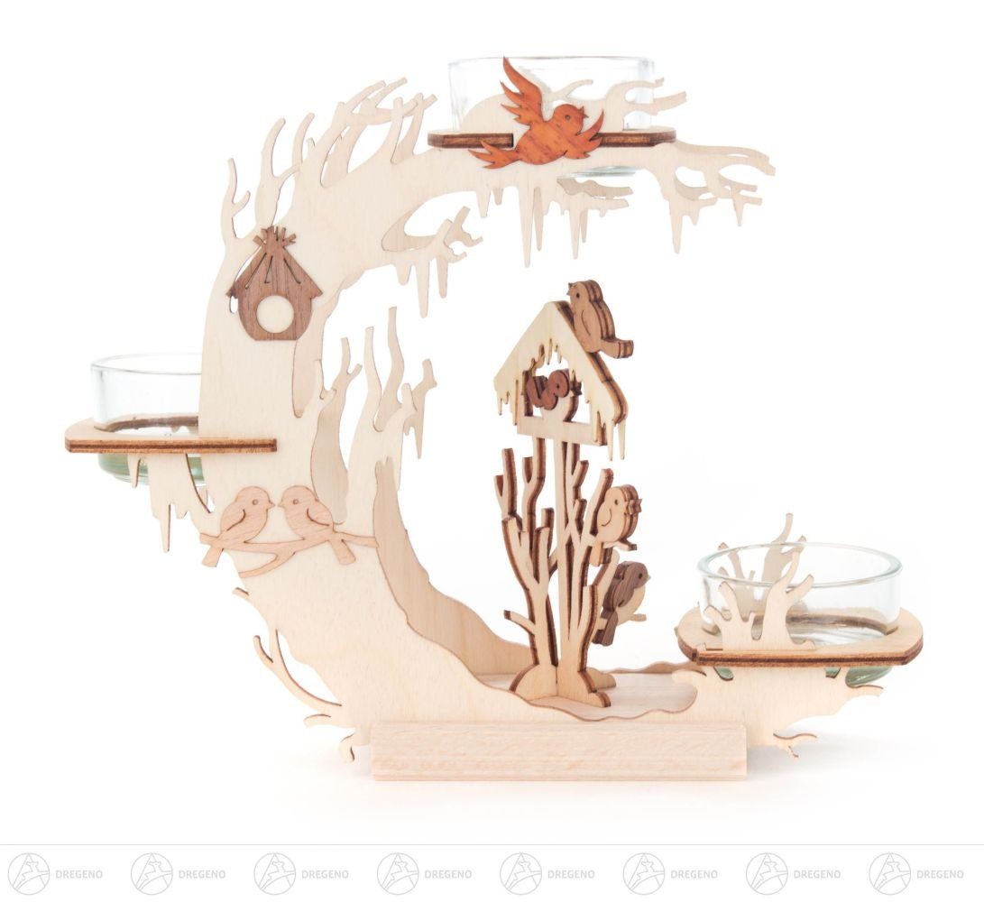 Dregeno Erzgebirge Teelichthalter Teelichtkranz Vogelhaus Breite x Höhe x Tiefe 19 cmx15,5 cmx6 cm NEU, Laubsägeoptik Vogelmotive