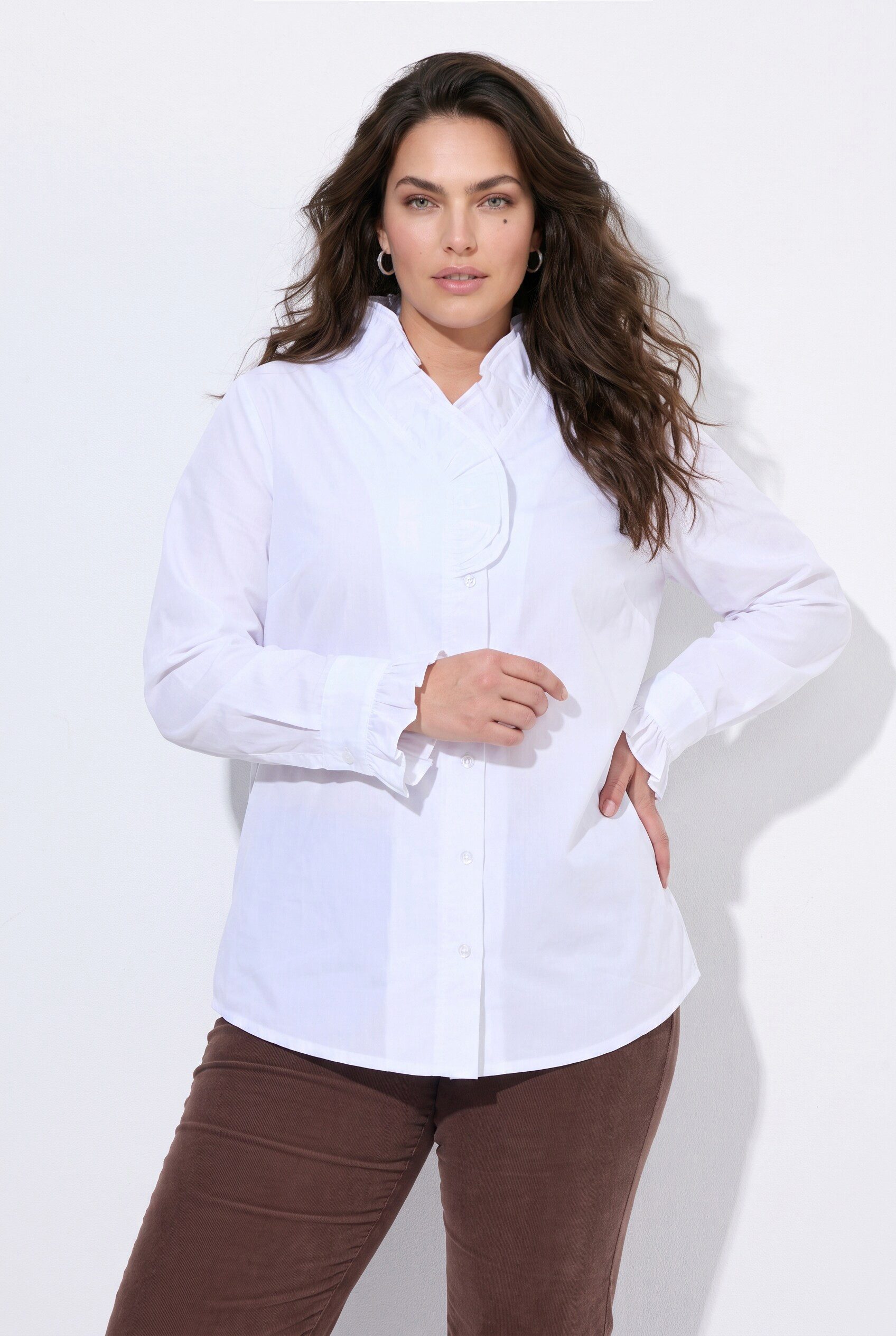 Ulla Popken Longbluse Bluse Rüschenkragen V-Ausschnitt Langarm