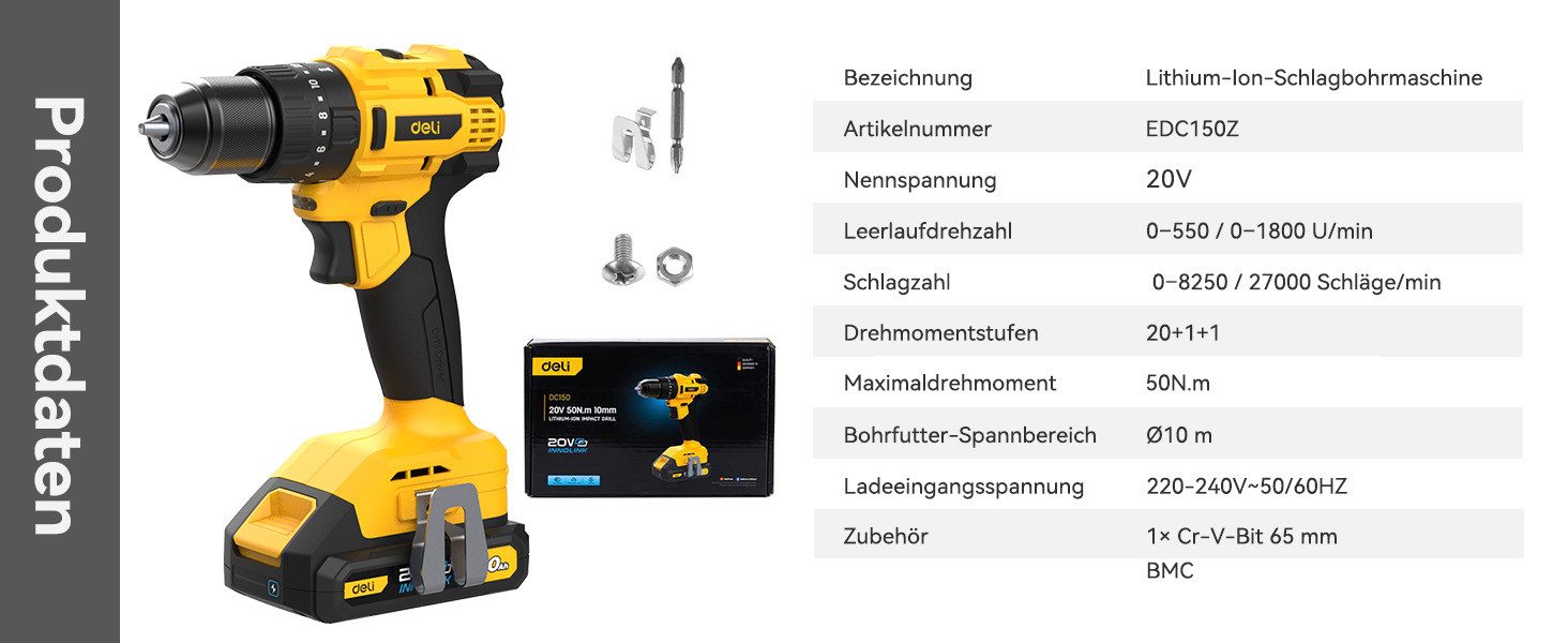 DELI Akku-Schlagbohrmaschine EDC150_Lithium-lon-Schlagbohrmaschine_20V_50N.m 10mm