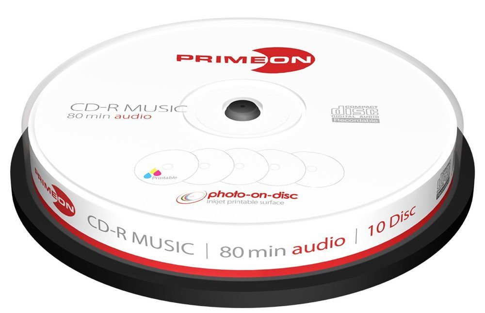 PRIMEON CD-Rohling 10 CD-R Audio full printable photo on disc 80 Minuten Musik Spindel