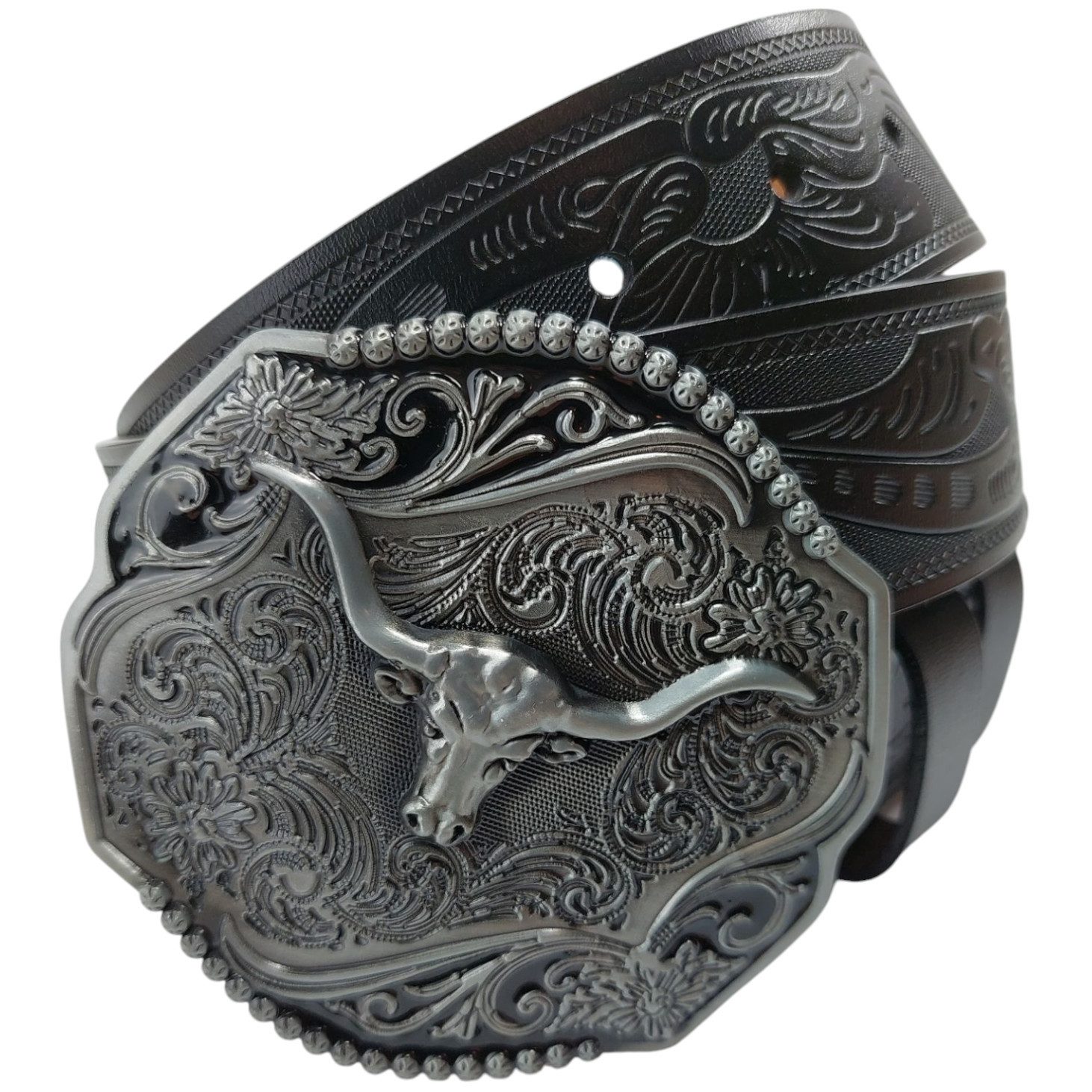 Ware aus aller Welt Ledergürtel Wild West Wechselgürtel Western Gürtel mit Longhorn Gürtelschnalle