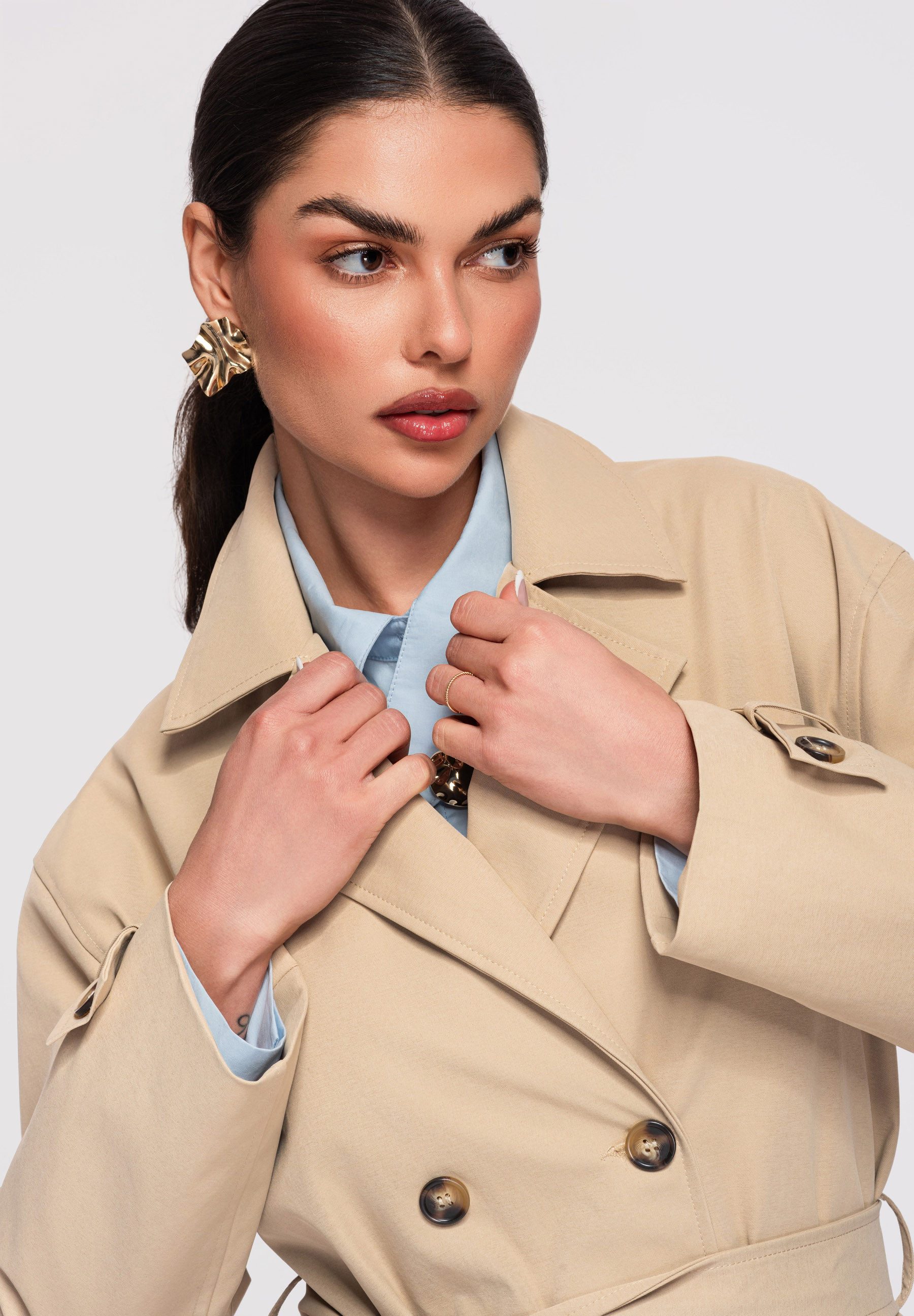 OMBRE Trenchcoat Damen Mantel Midi Gürtel Elegant (kein Set, 1-tlg) Taillengürtel