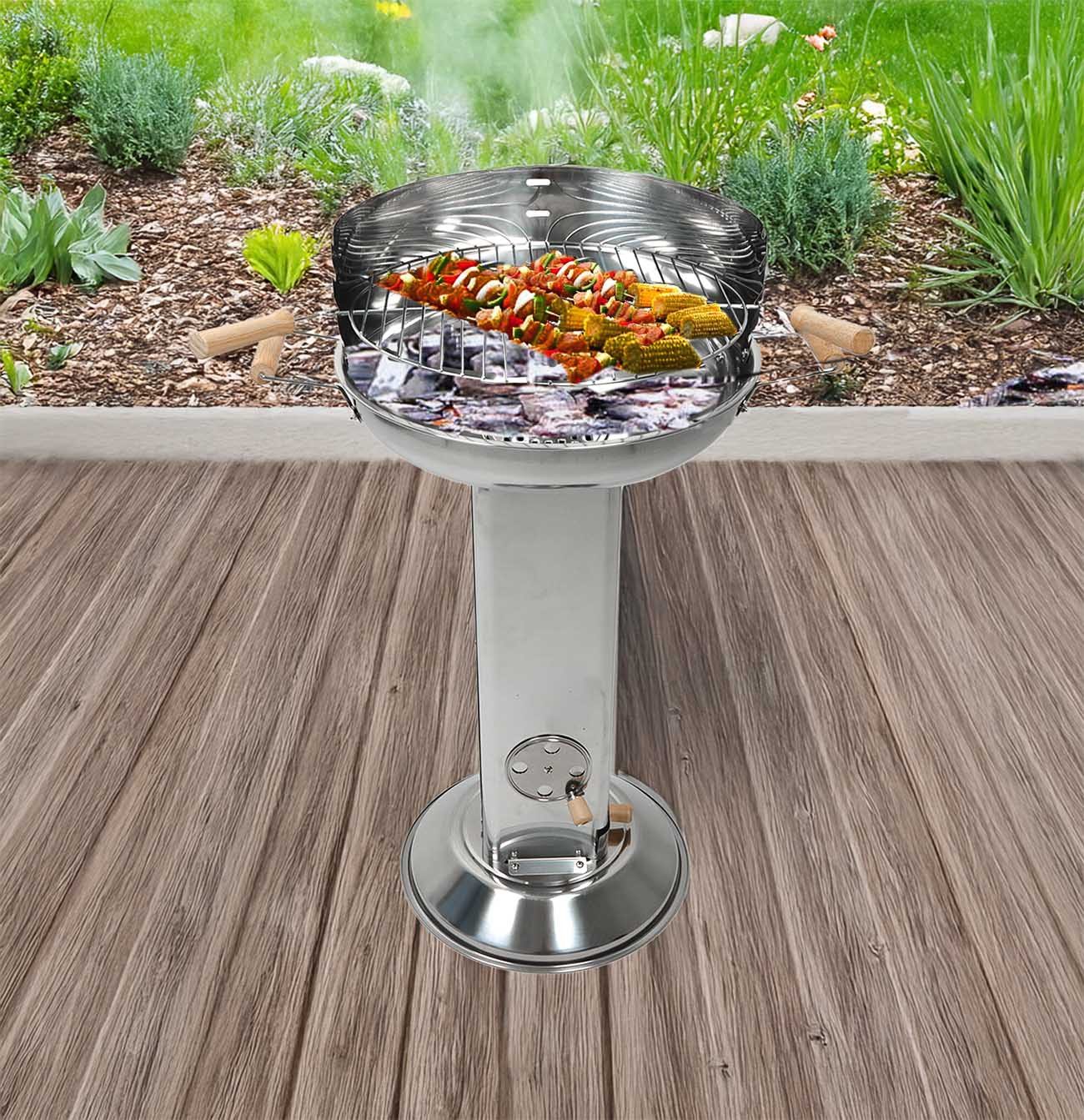 Bubble-Store Holzkohlegrill Standgrill aus Edelstahl, Kohlegrill, Grillrost 4-fach höhenverstellbar, Gartengrill, Standgrill, Säulengrill