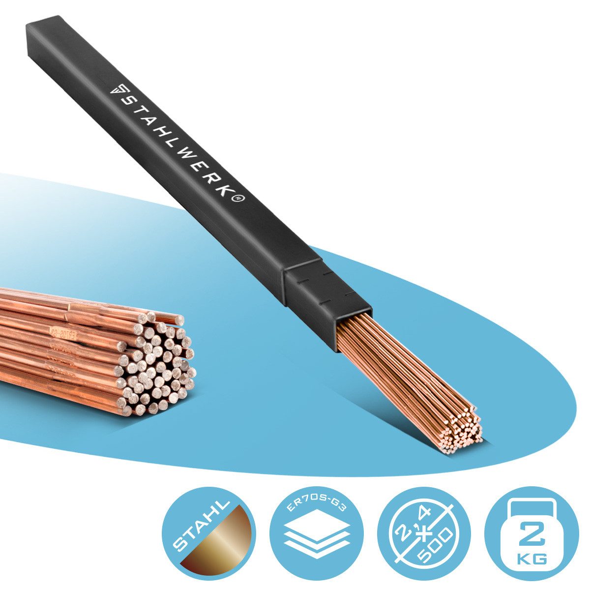 STAHLWERK Stabelektroden 2,4 mm WIG Schweißstäbe ER70S-G3 Stahl 2 kg, (Packung), Длина von 500 mm und einen Durchmesser von 2,4 mm