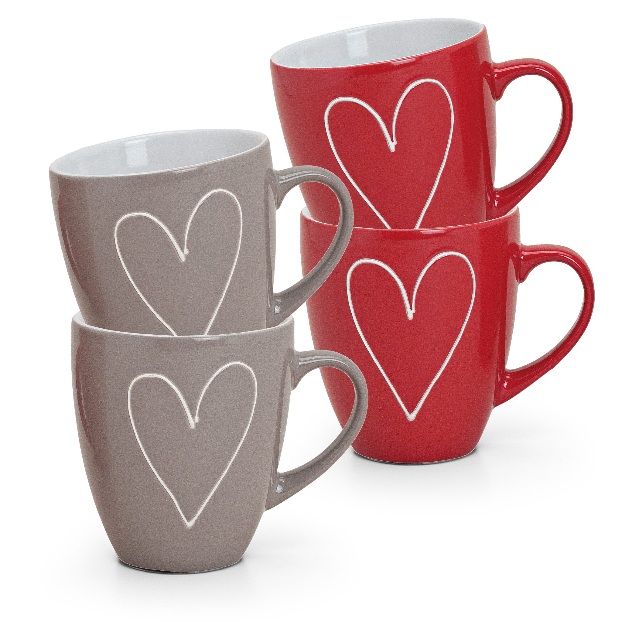 matches21 HOME & HOBBY Tasse Grosse Kaffeetassen 4er Set Landhaus-Stil einfarbig Herzen Liebe, 4-tlg., Keramik, Tee Kaffee-Becher, klassisch, rot grau weiss, 400 ml