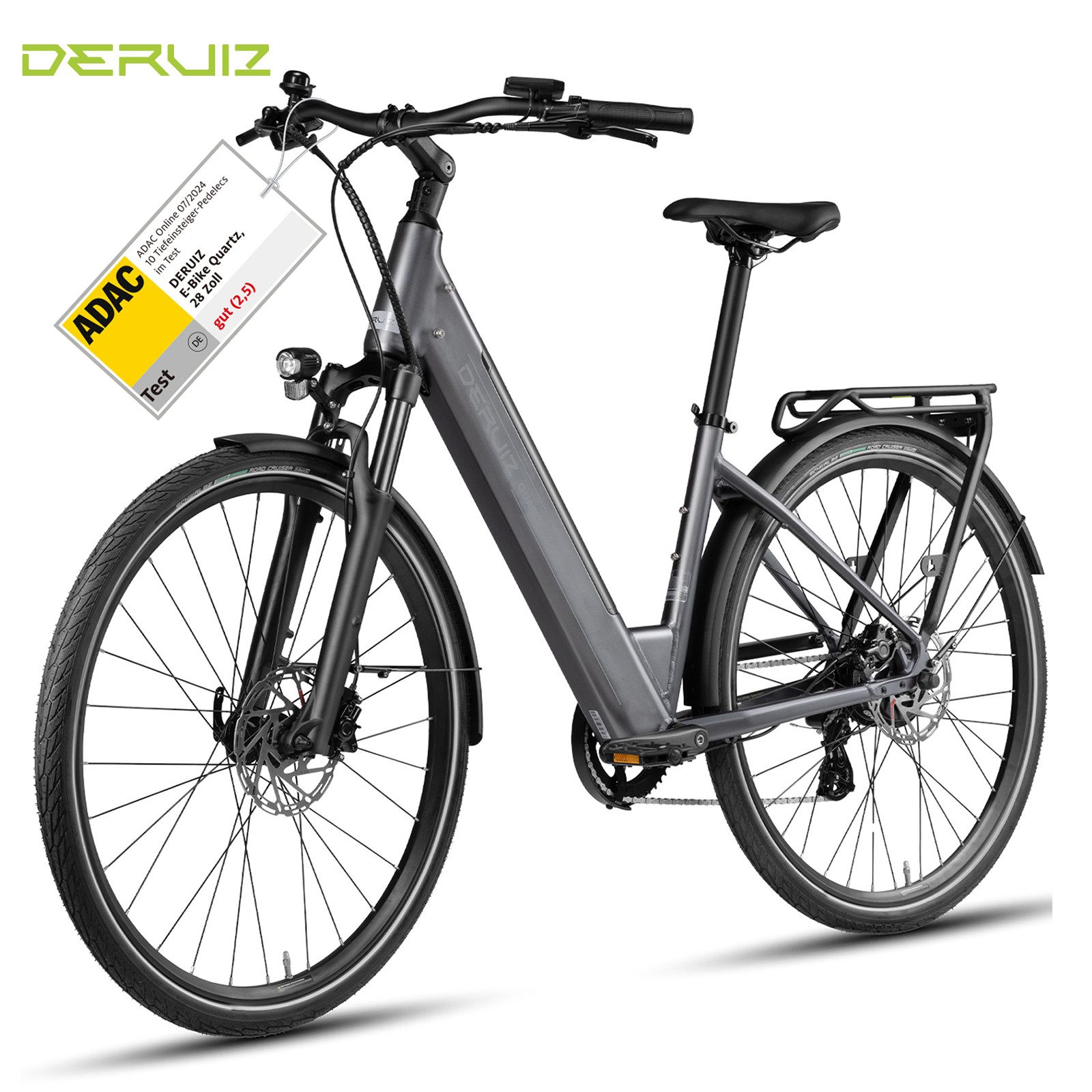 DERUIZ E-Bike Cityrad 28 Zoll Quartz 2.0, 644 Wh, bis zu 161 km, 55 Nm, Drehmomentsensor, 8 Gang SHIMANO Altus RD-M310 Schaltwerk, Kettenschaltung, Heckmotor, 644 Wh, (5 Stufen, Aluminium-Schutzbleche), SHIMANO Altus 8-Gang, Hydraulikbremsen, Bluetooth-App
