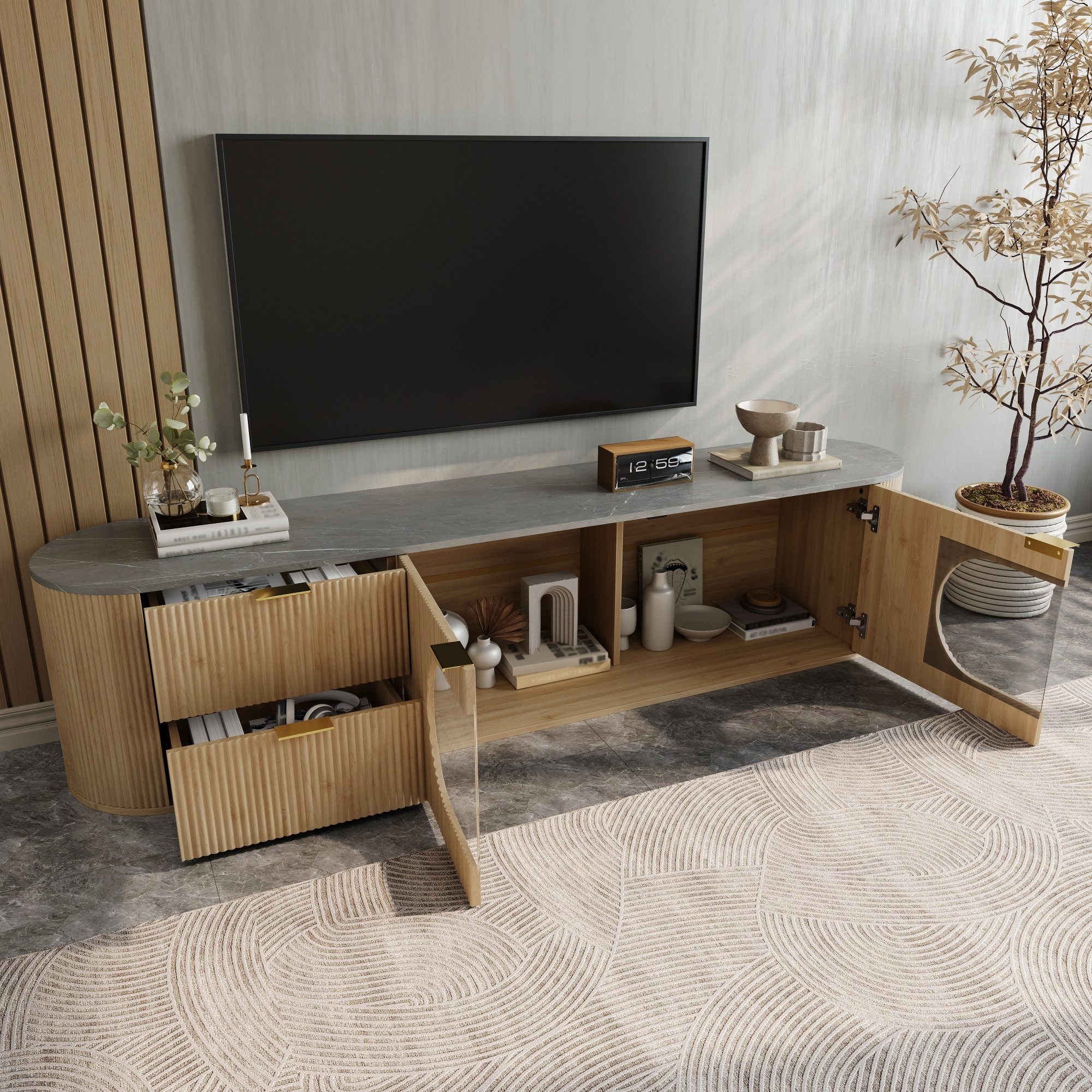 Odikalo Lowboard TV-Schrank mit Schubladen vertikalen 3D-Streifen, Holzoptik (Schranktüren mit vertikalen 3D-Streifen, Ovaler Vitrinenschrank aus grauem Glas, M – Bild 2 von 5