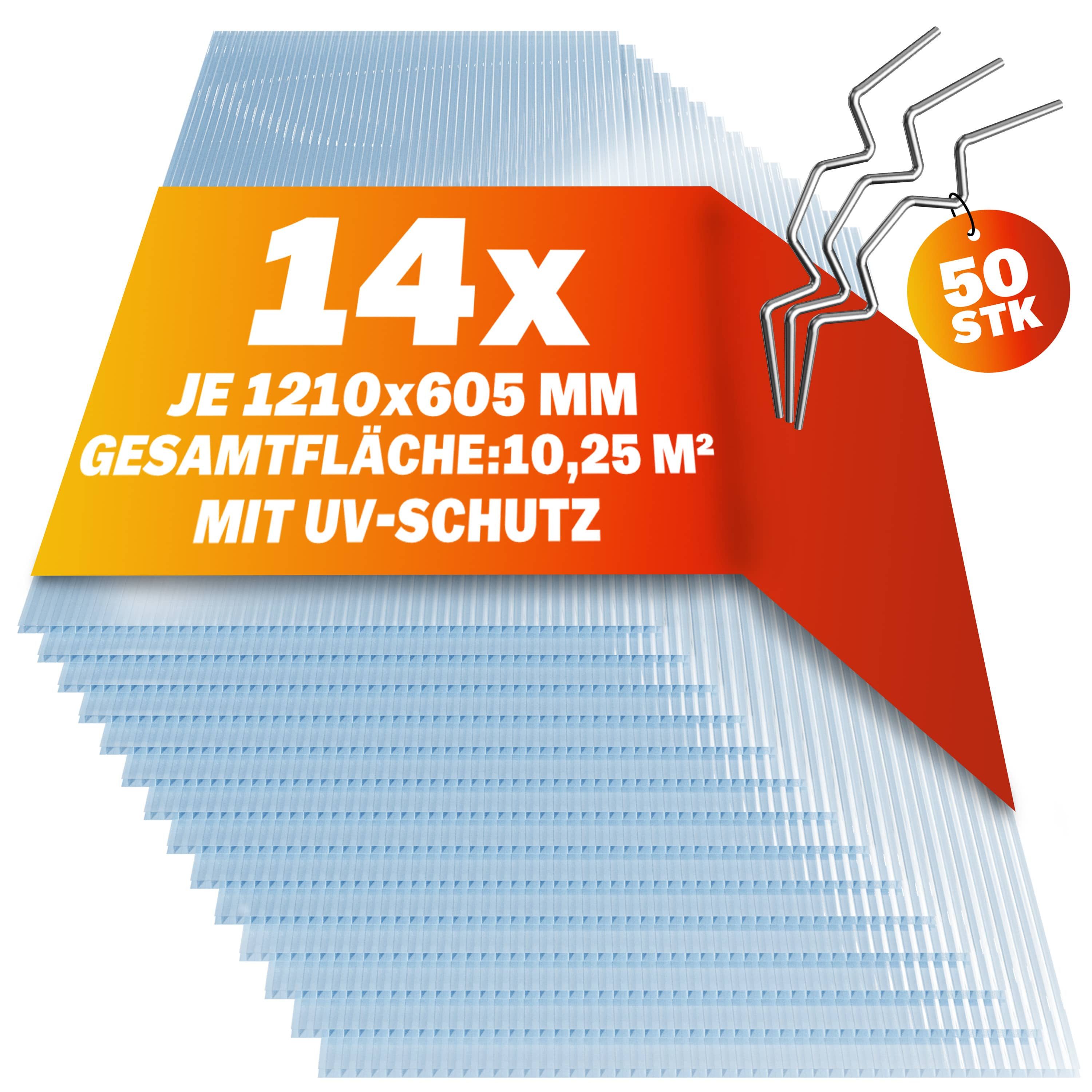 Gardebruk Hohlkammerplatte, (14-St), 14x Polycarbonat Hohlkammerstegplatten 50x Edelstahl