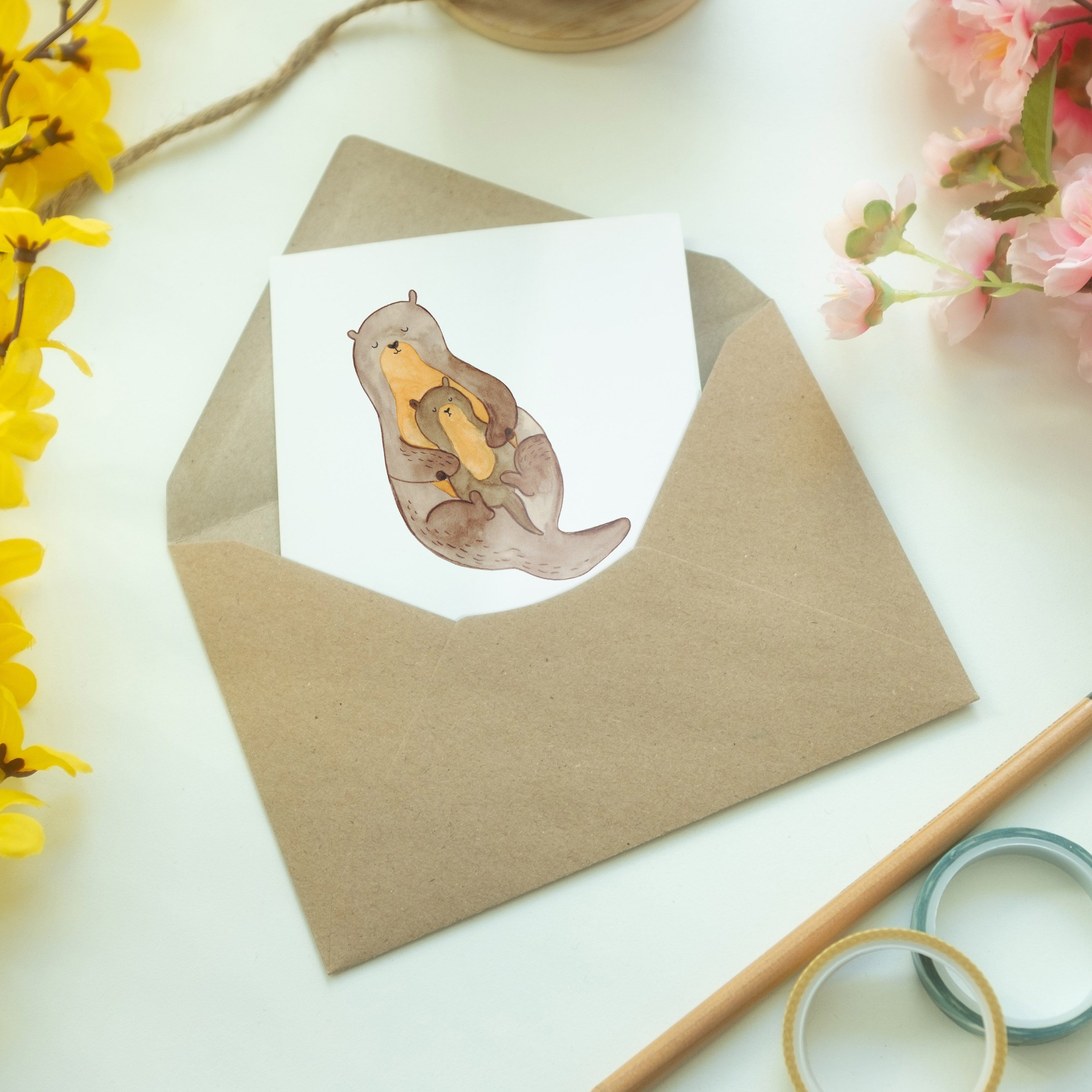 Geburtstagskarte, - Mr. - Weiß Otter mit Geschenk, Klappkarte, & Panda Mrs. Kind Baby Grußkarte