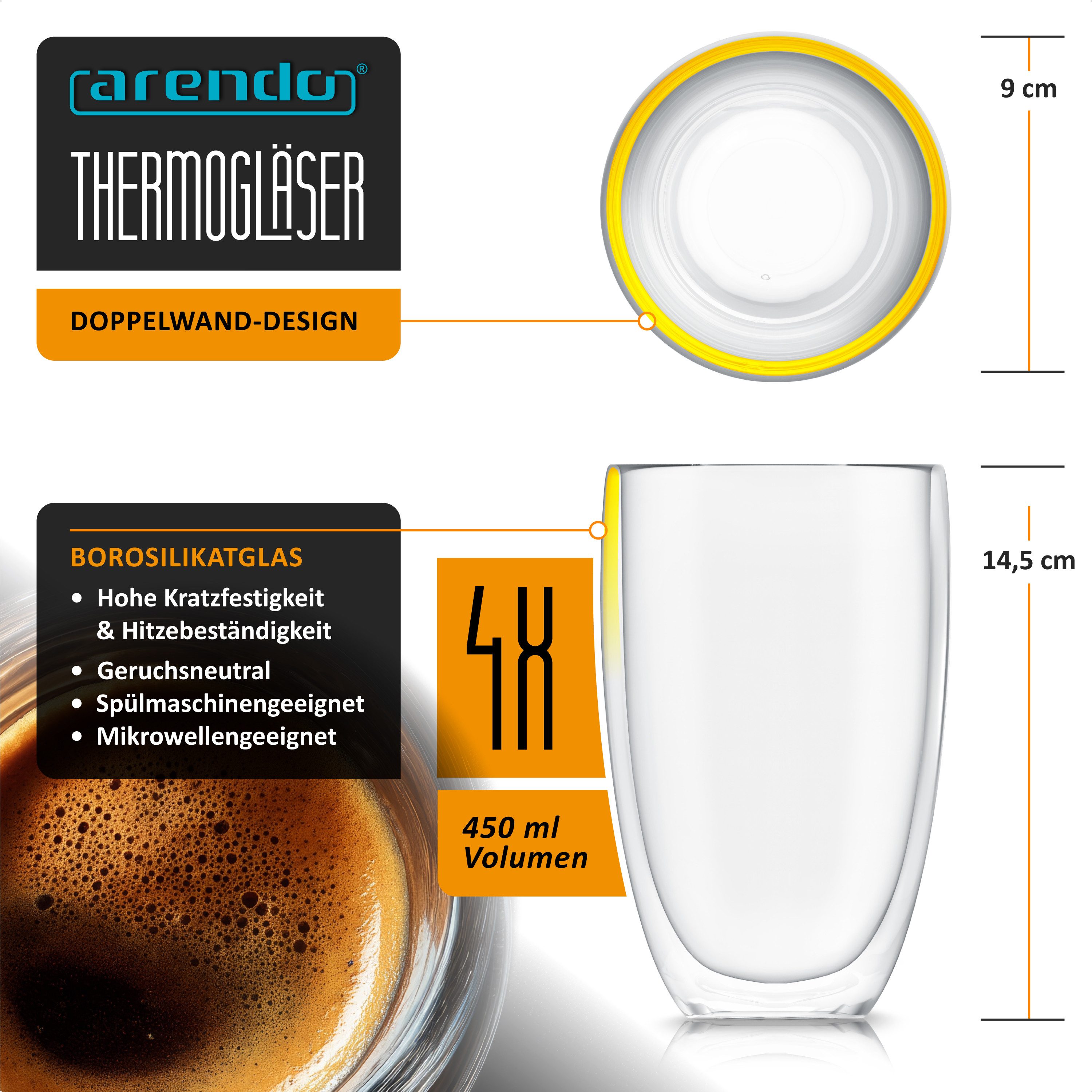 Arendo Gläser-Set doppelwandige Thermogläser, 450 ml Kaffeetasse, Trinkglas ohne Henkel, 4-tlg., Glas, für Latte Macchiato, Cappuccino, Tee, hitzebeständig spülmaschinenfest