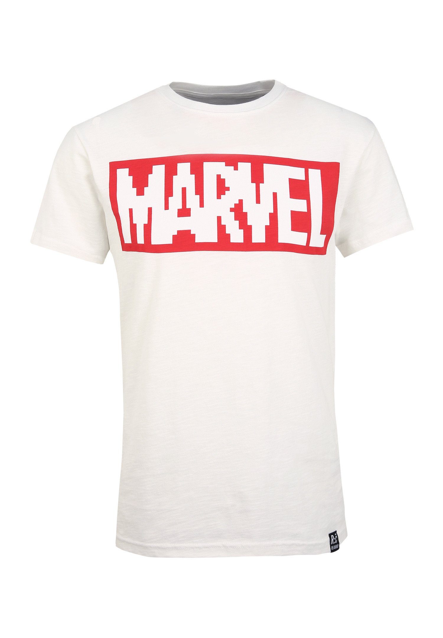 T-Shirt Recovered Ecru GOTS Pixel Marvel Logo zertifizierte Bio-Baumwolle