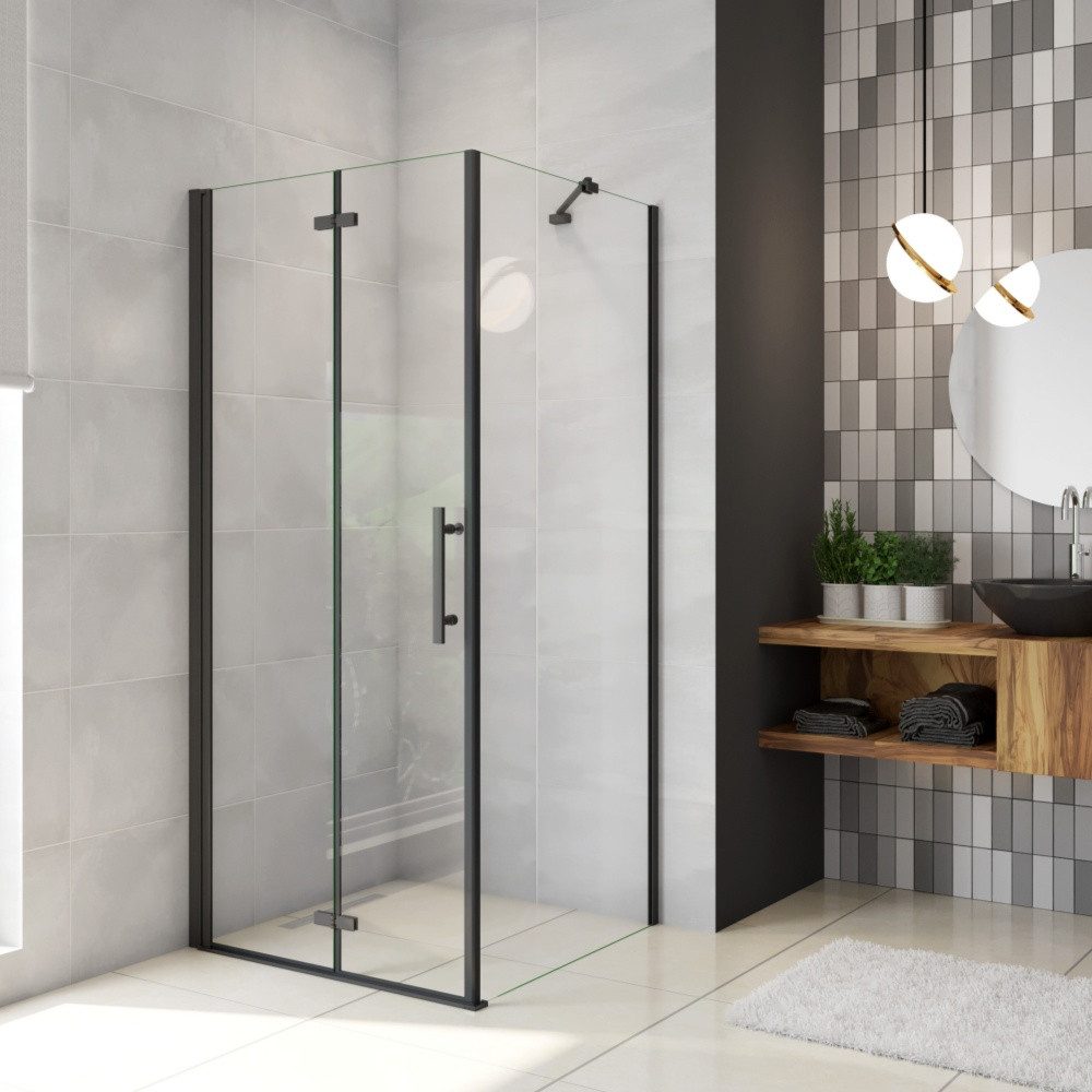 Duschparadies Eckdusche 185cm 6mm ESG Stabilstange Scharniertür Schwarz Duschtür Eckdusche, BxT: 70x76 cm, Sicherheitsglas, ebenerdiger Einbau möglich