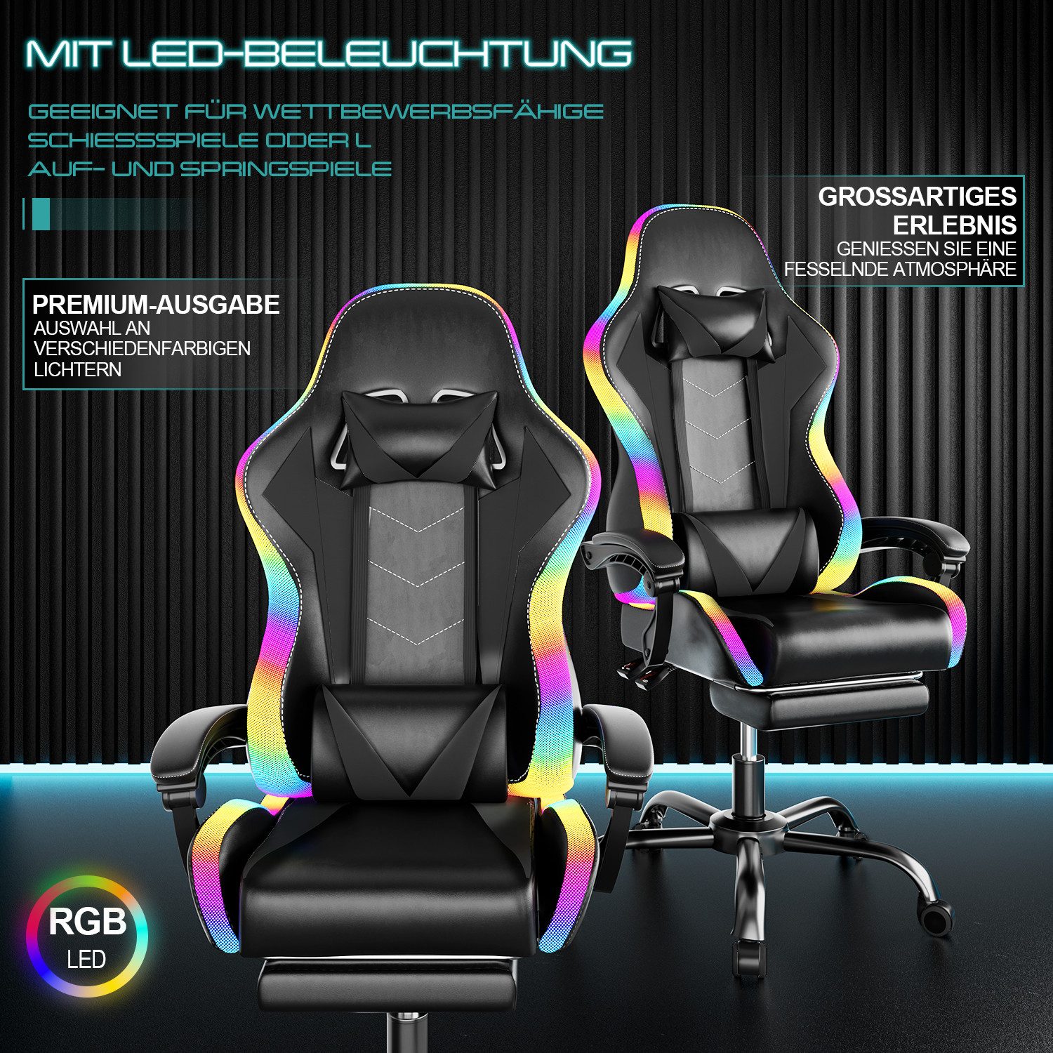 HOMALL Gaming-Stuhl mit LED,Ergonomisch,Fußstütze,computerstuhl,gaming stuhl mit massage (Die LED-Beleuchtung ist einstellbar, das Massagekissen für den Rücken ist beweglich), Ergonomischer Bürostuhl,Kopfstütze und Lendenstütze