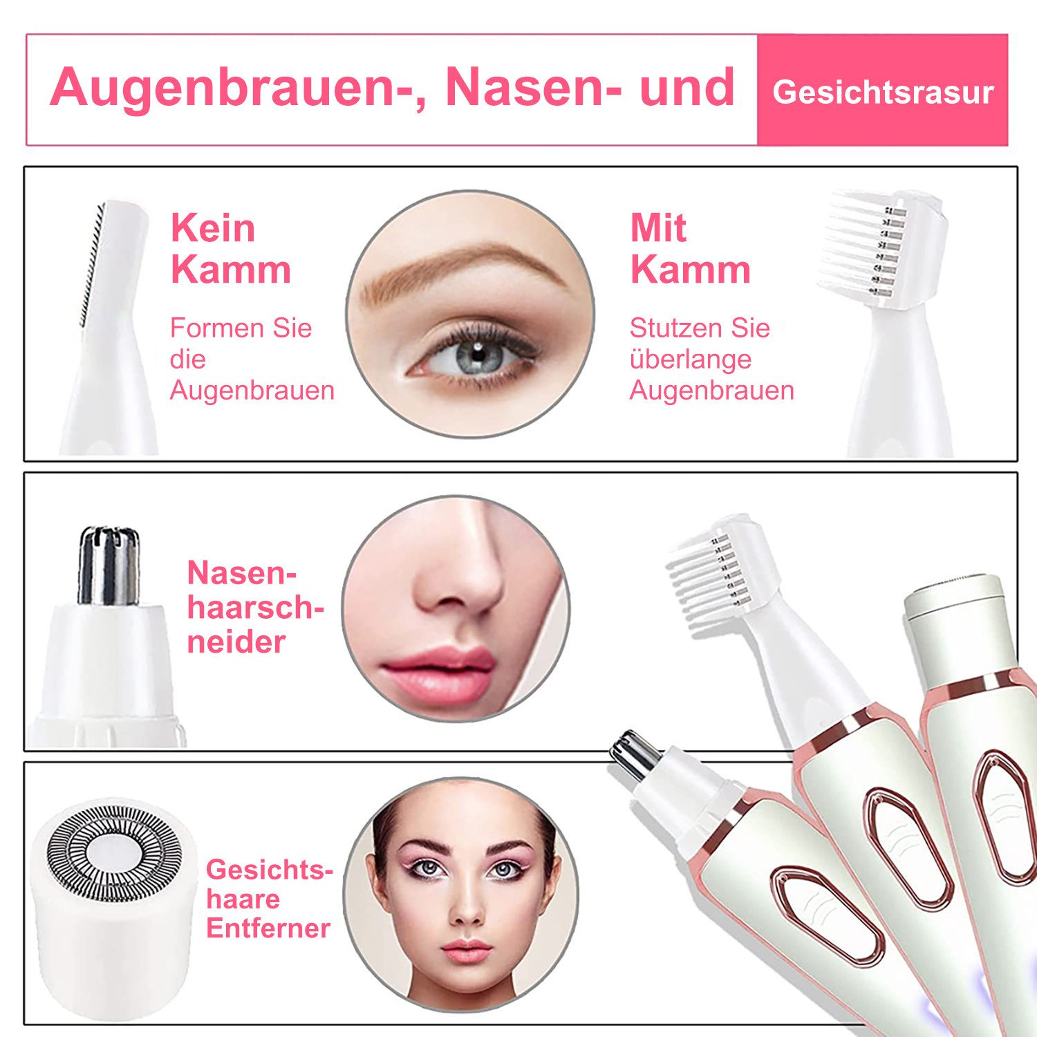 inschimmer Haarentferner-Set 4-In-1 Elektrischer Damenrasierer für Gesicht Bikinizone USB-Aufladung